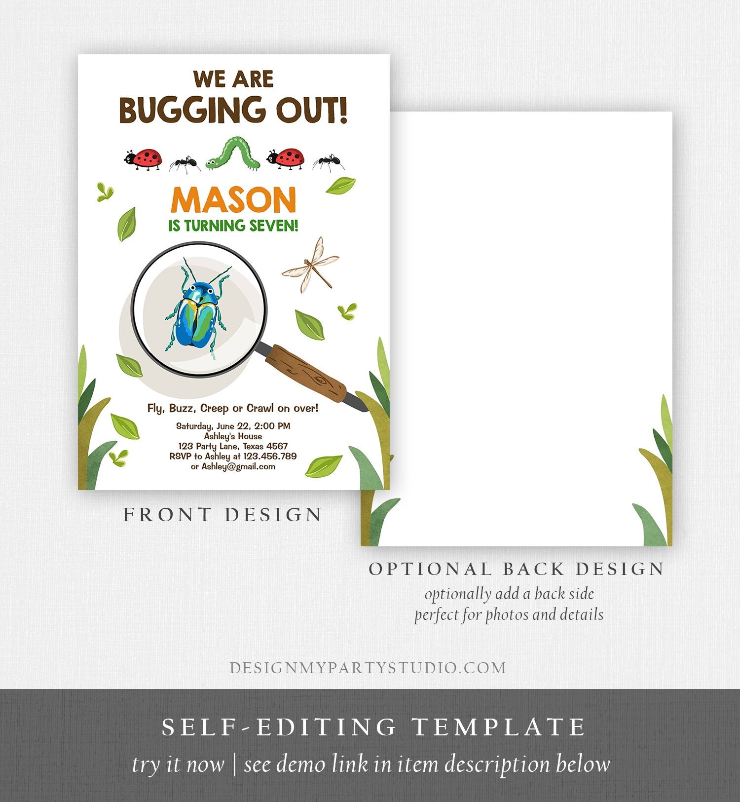 Editable Bug Birthday Invitation Insect Party We Are Bugging Out bug Hunt Bugs Boy Printable Invitation Summer Template Digital Corjl 0090