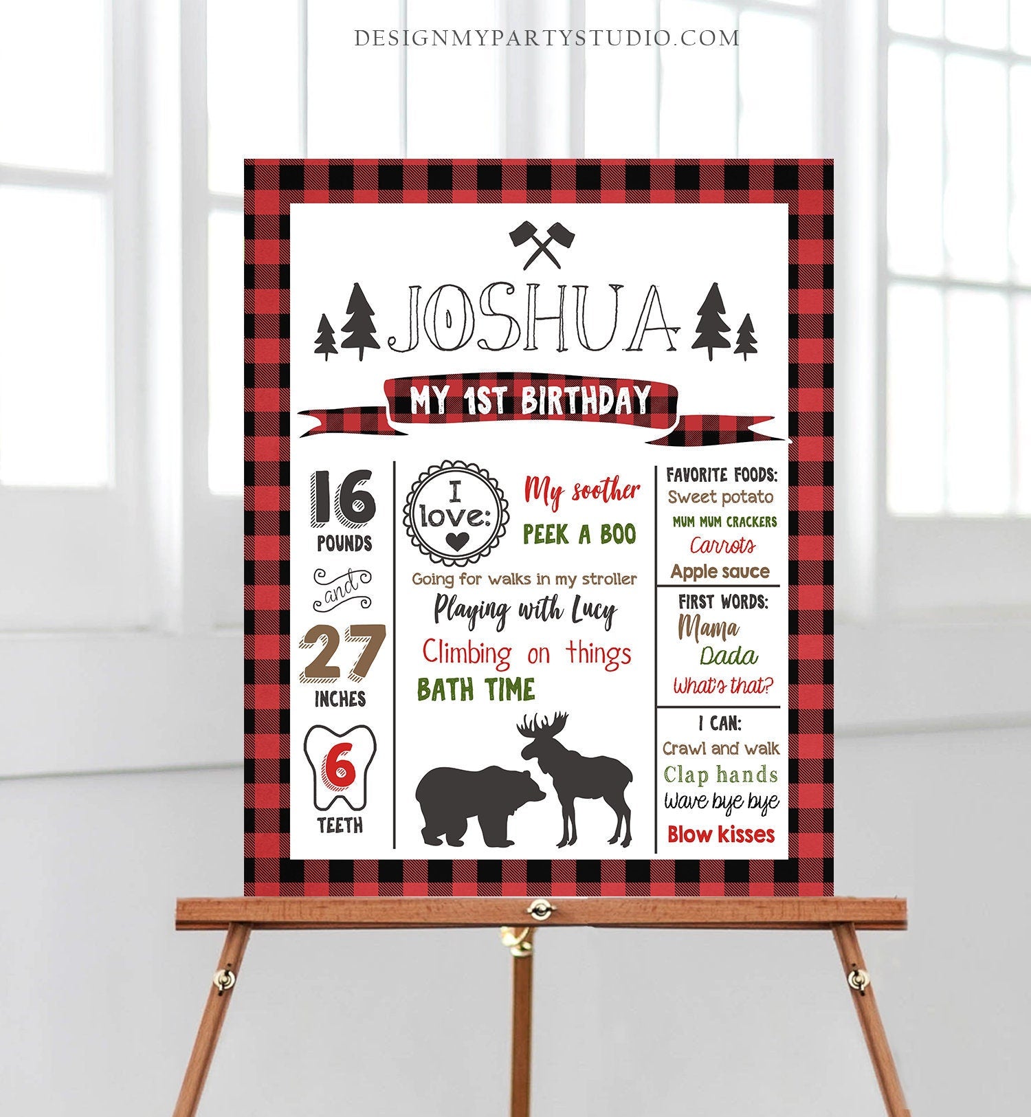 Editable Lumberjack Birthday Milestones Sign Lumberjack Birthday Chalkboard Plaid 1st Birthday Bear Moose Template Printable Corjl 0377