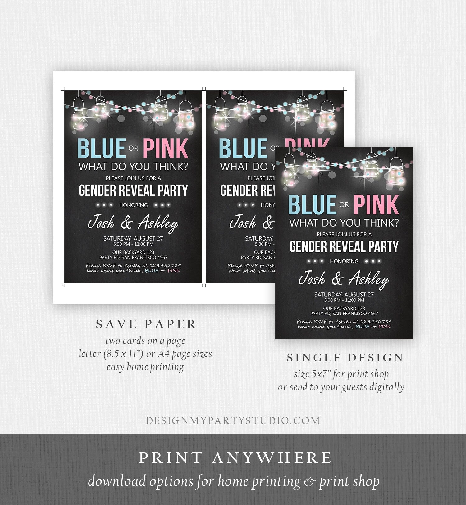 Editable Gender Reveal Invitation Baby Shower Boy or Girl Pink or Blue He She Chalk Rustic Template Instant Download Digital Corjl