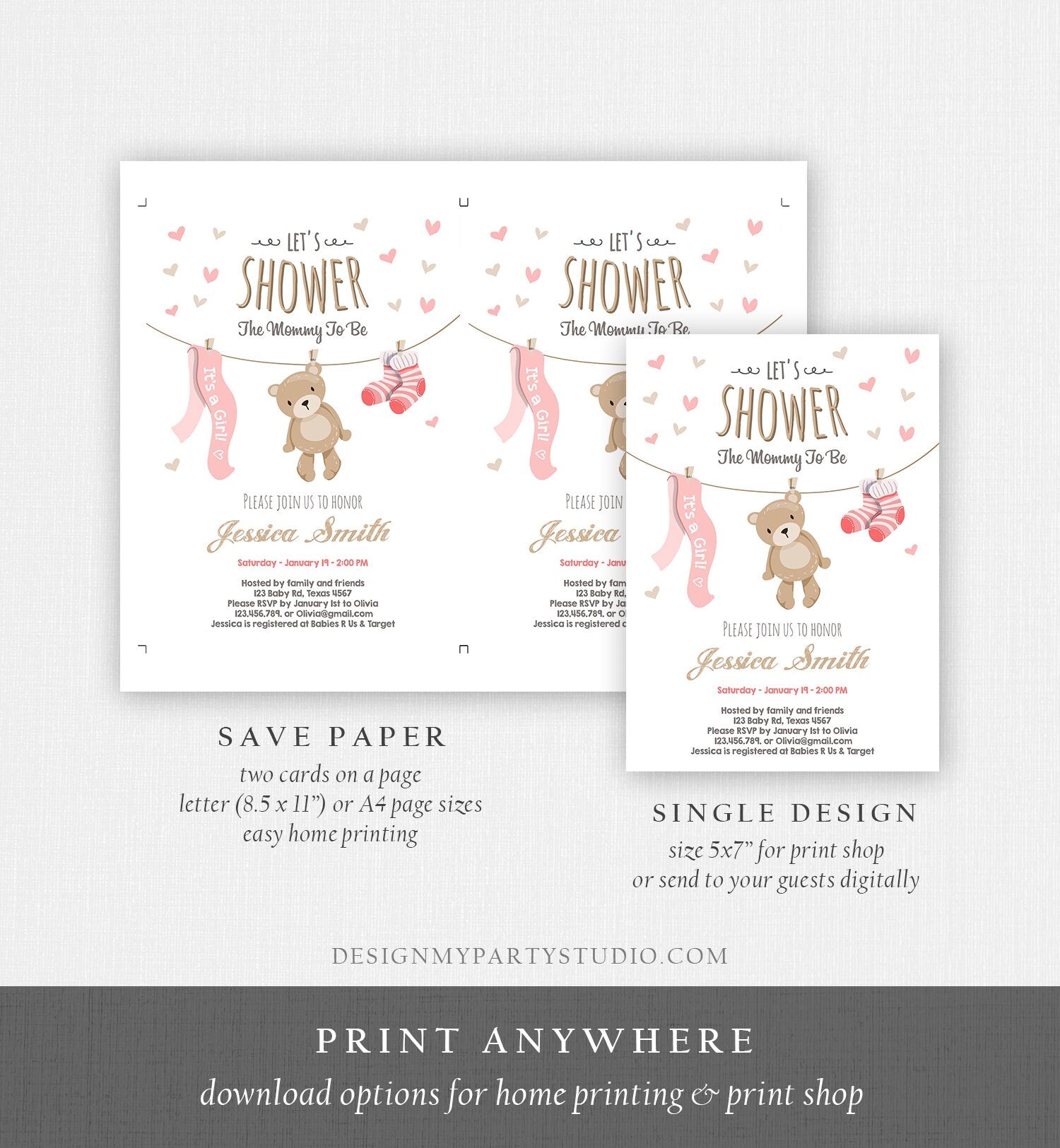 Editable Baby Shower Invitation Teddy Bear Cute Baby Girl Pink Bear Little Cub It's a Girl Invite Template Instant Download Corjl 0025