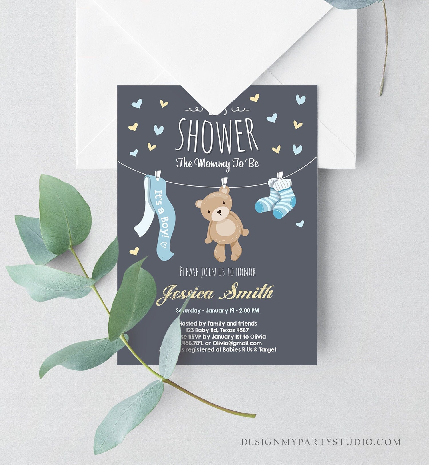 Editable Baby Shower Invitation Teddy Bear Cute baby Boy Blue Bear Little Cub Invitation Template Instant Download Digital Corjl 0025