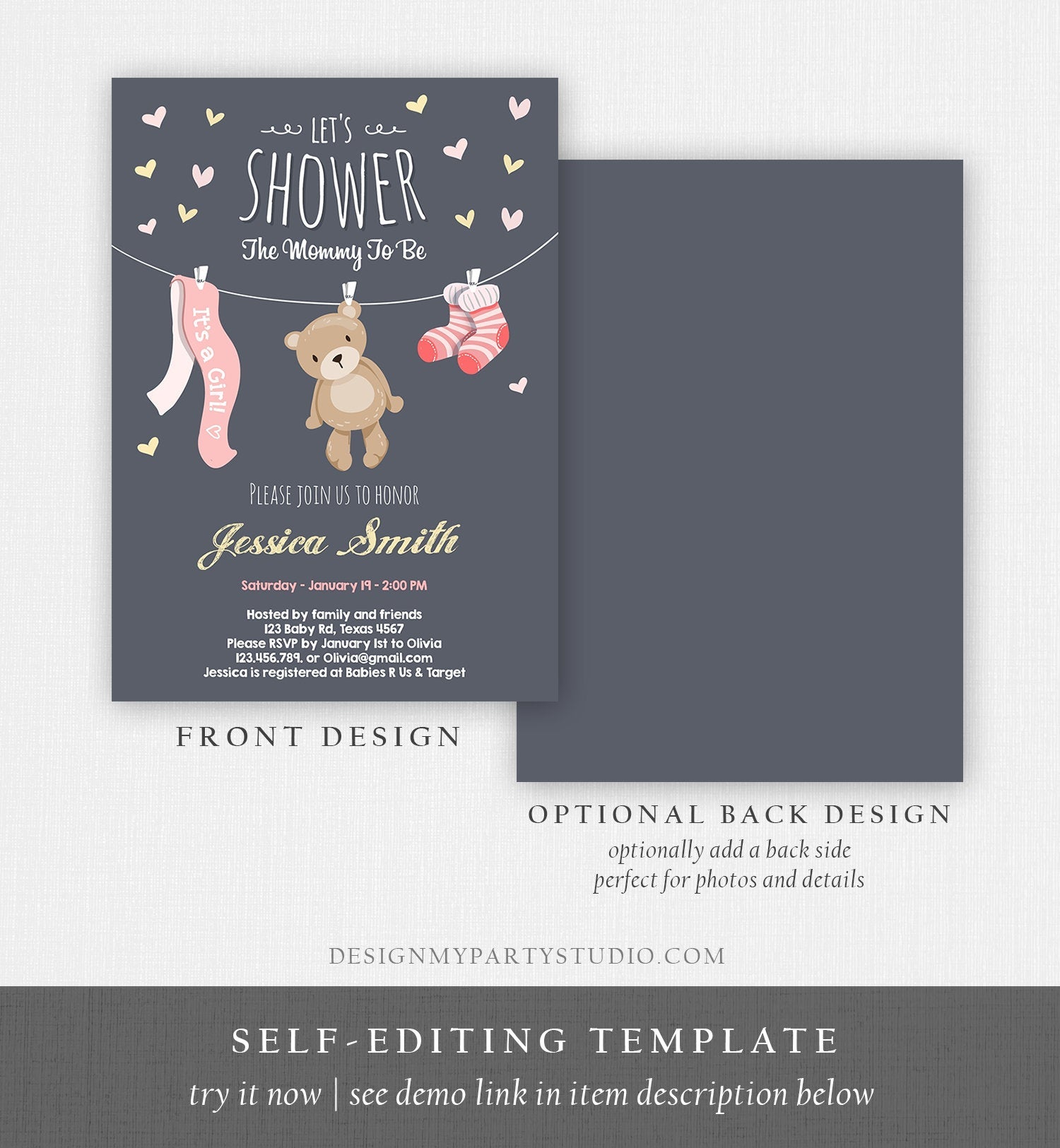 Editable Baby Shower Invitation Girl Pink Teddy Bear Cute Bear Little Cub Clothes Invitation Woodland Template Instant Download Corjl 0025