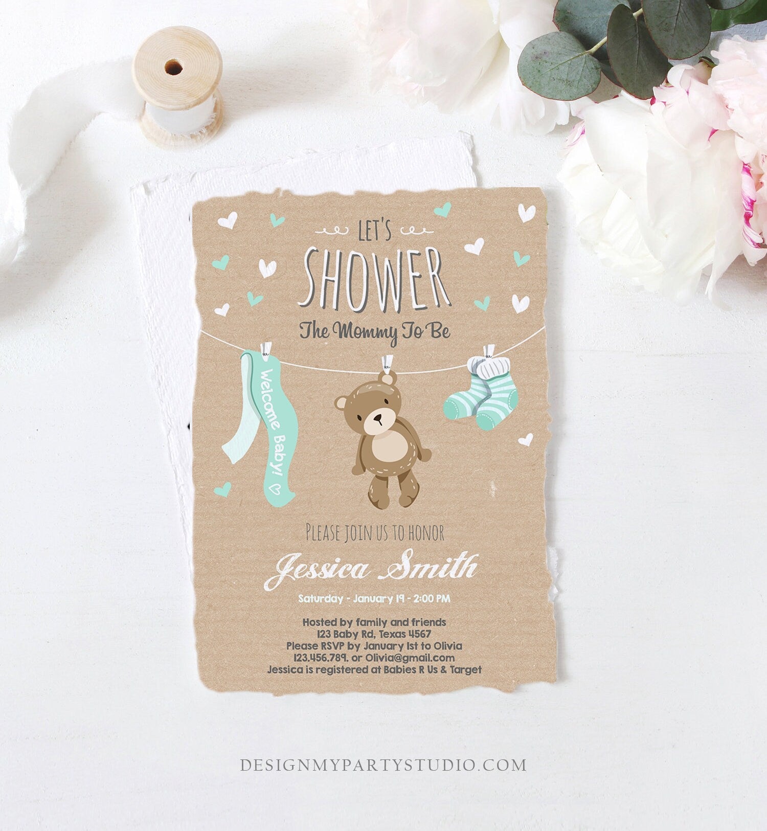 Editable Baby Shower Invitation Teddy Bear Cute Mint Green Tiffany Bear Little Cub Invitation Gender Neutral Template Download Corjl 0025