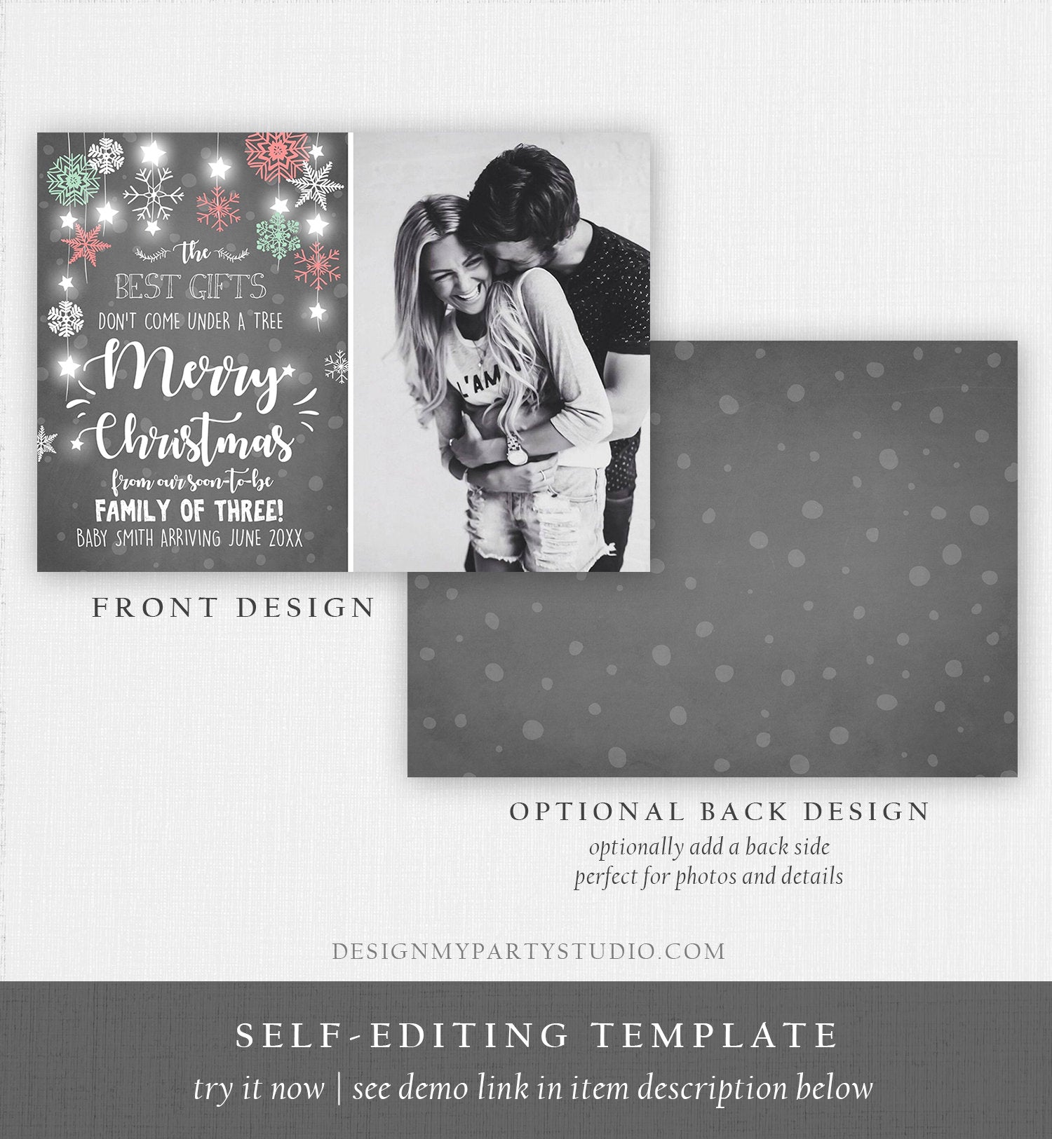 Editable Christmas Pregnancy Announcement Merry Christmas Pregnancy Reveal Photo Family of Three Printable Invitation Template Corjl