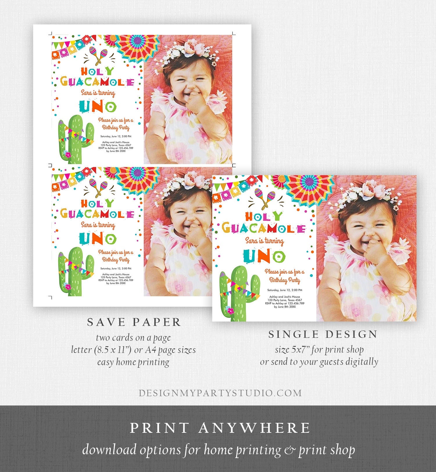 Editable Uno Fiesta Birthday Invitation Holy Guacamole First Birthday 1st Mexican Cactus Primer Cumpleaños Corjl Template Printable 0045