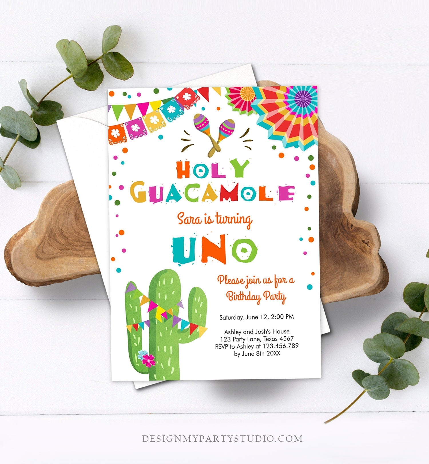 Editable Uno Fiesta Birthday Invitation Holy Guacamole First Birthday 1st Mexican Cactus Primer Cumpleaños Corjl Template Printable 0045