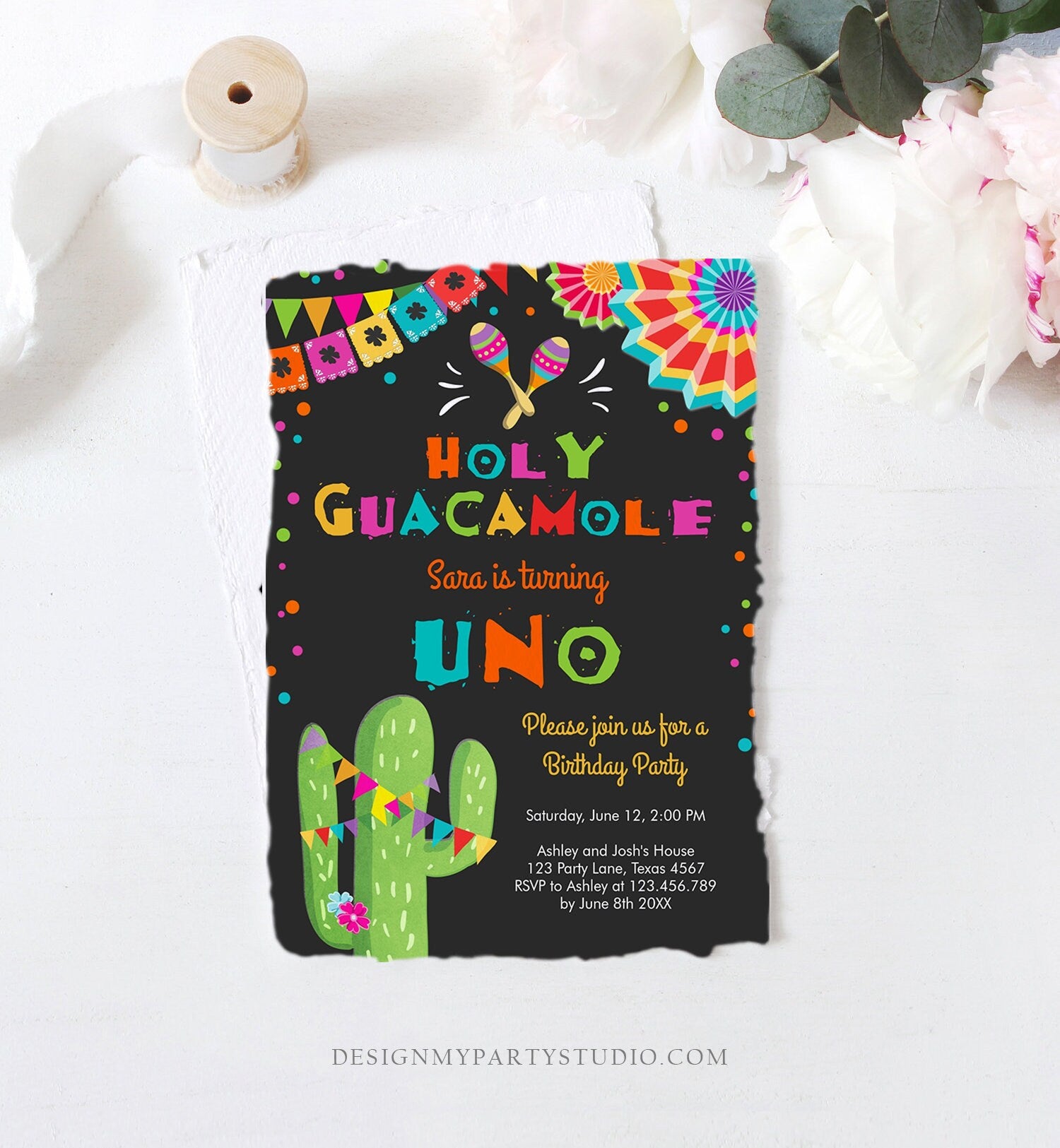 Editable Uno Fiesta Birthday Invitation Holy Guacamole First Birthday 1st Mexican Cactus Primer Cumpleaños Corjl Template Printable 0045