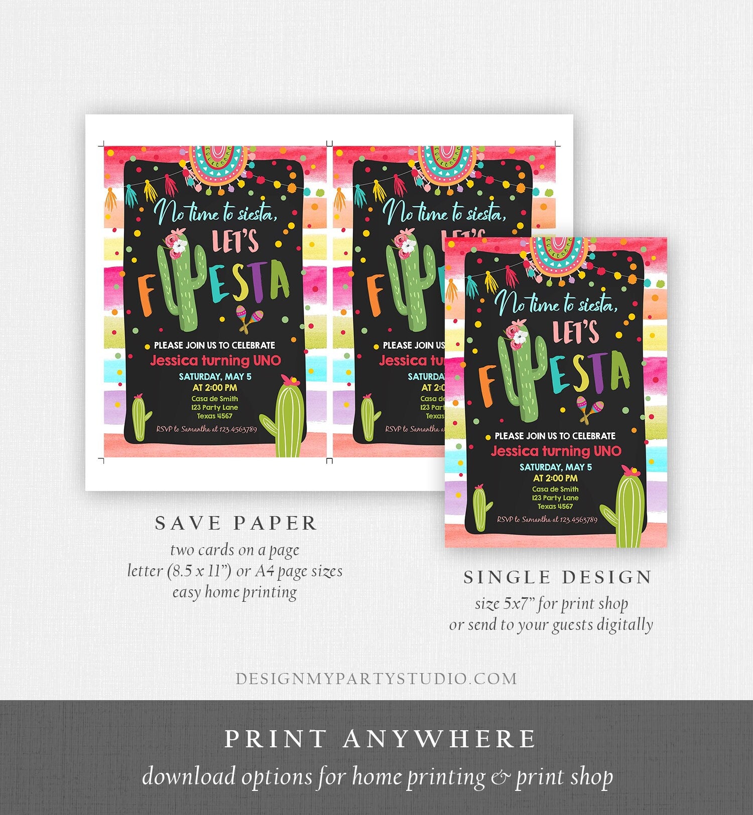 Editable Let's Fiesta Birthday Invitation Cactus Succulent First Birthday Party Girl 1st Mexican Uno Download Corjl Template Printable 0134