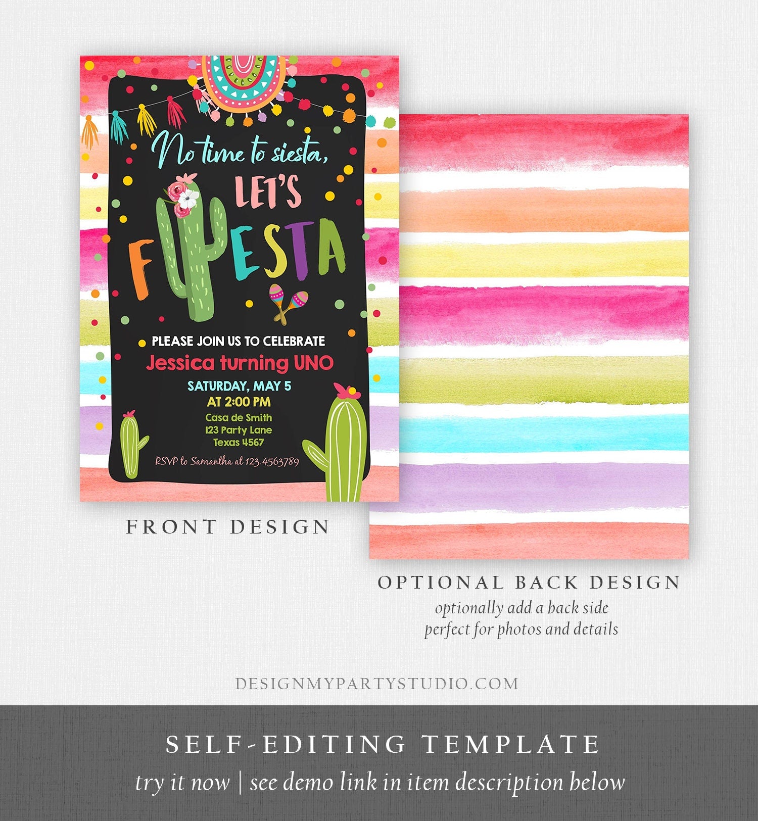 Editable Let's Fiesta Birthday Invitation Cactus Succulent First Birthday Party Girl 1st Mexican Uno Download Corjl Template Printable 0134