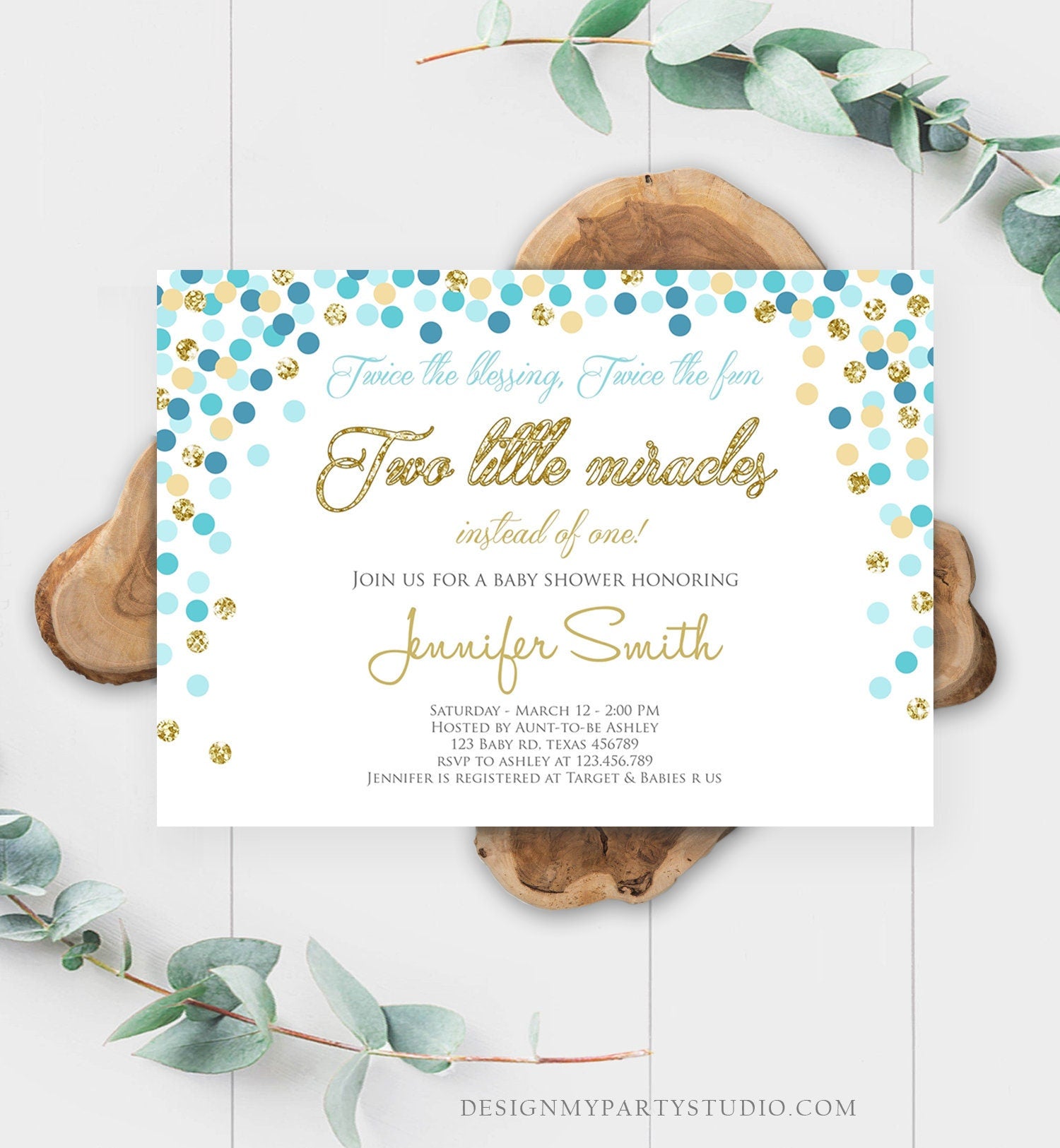 Editable Twin Baby Shower Invitation Boys Twin Boys Baby Blue and Gold Glitter Confetti Boy Baby Shower Invite Template Download Corjl 0133