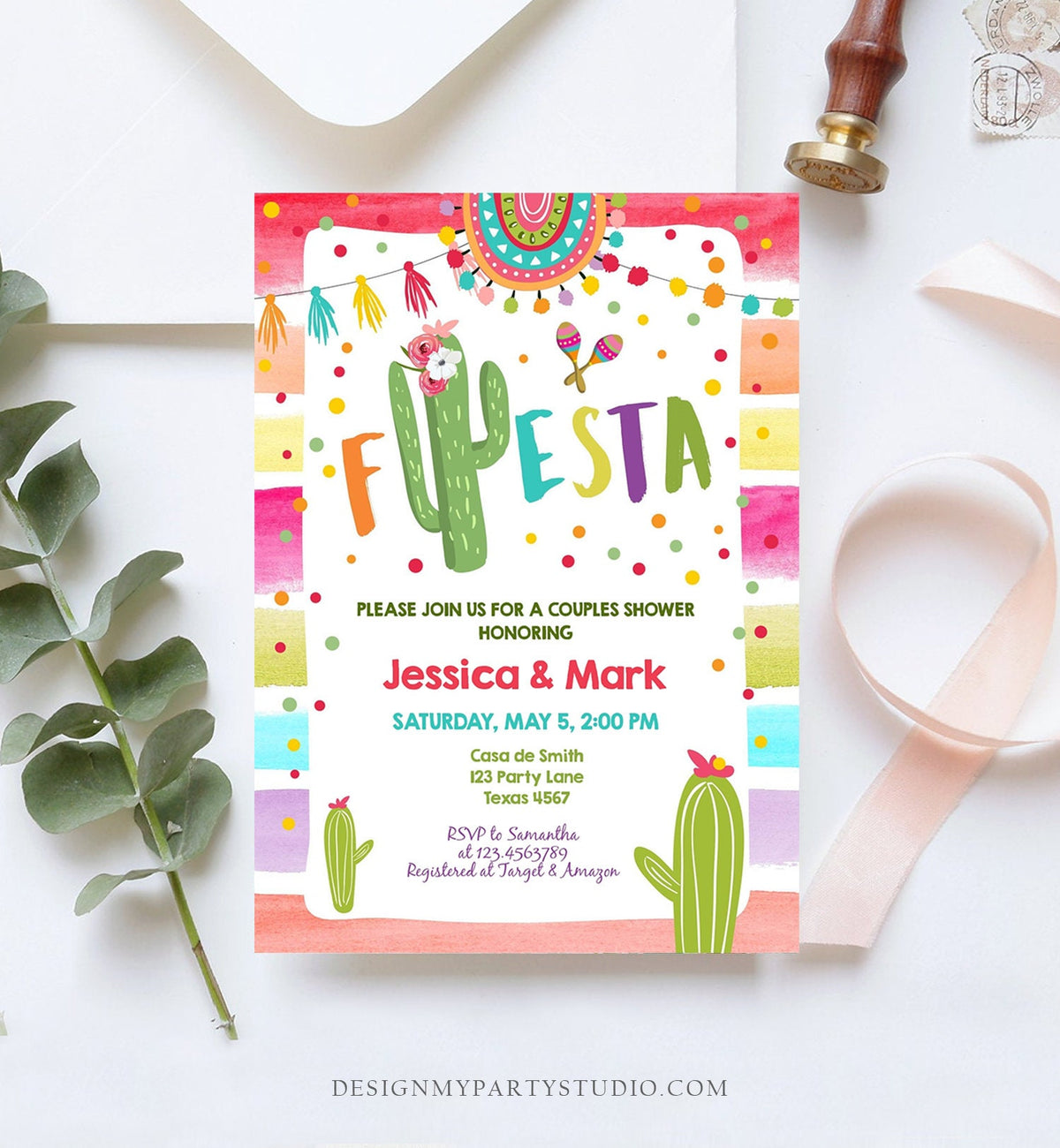 Editable Fiesta Bridal Shower Invitation Cactus Mexican Fiesta Couples Coed Shower Taco Bout Love a Wedding Corjl Template Printable 0134