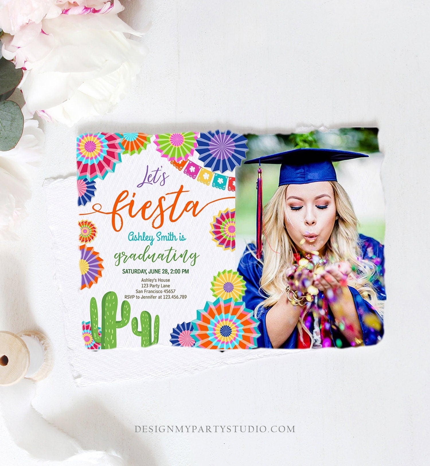 Editable Let's Fiesta Graduation Party Invitation Cactus Mexican Taco Bout Grad High School College Download Corjl Template Printable 0236