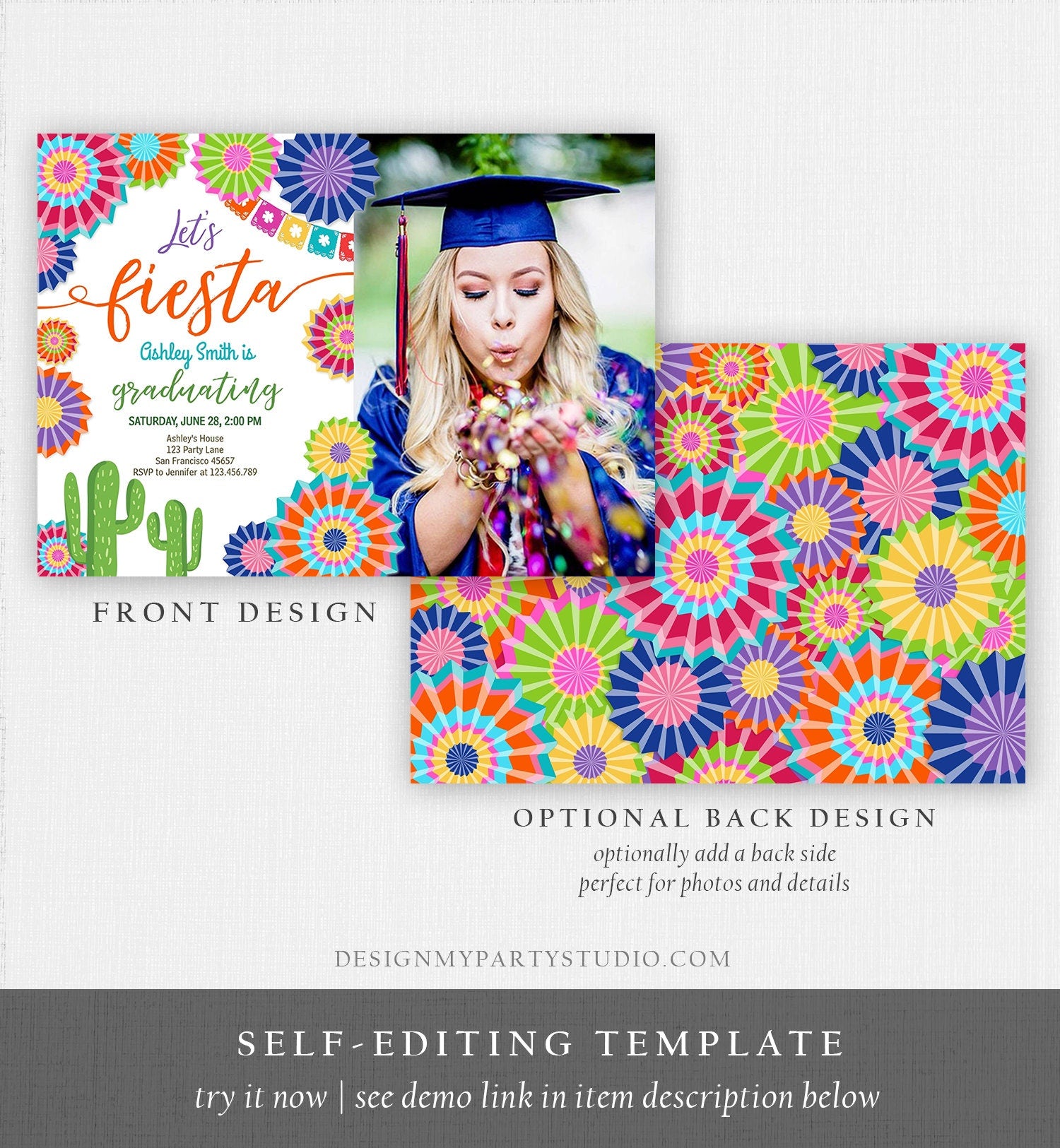 Editable Let's Fiesta Graduation Party Invitation Cactus Mexican Taco Bout Grad High School College Download Corjl Template Printable 0236