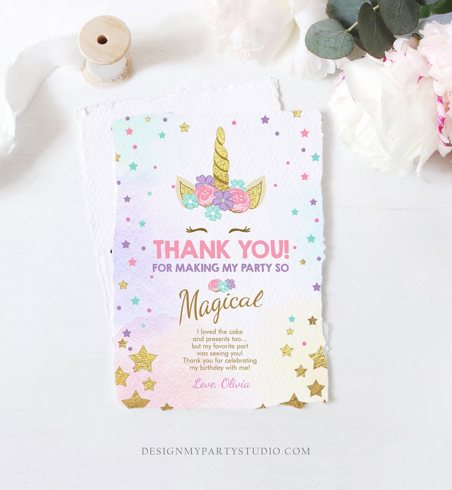 Editable Unicorn Thank You Card Girl Birthday Thank You Note Pink Gold Magical Party Baby Shower Download Corjl Template Printable 0041