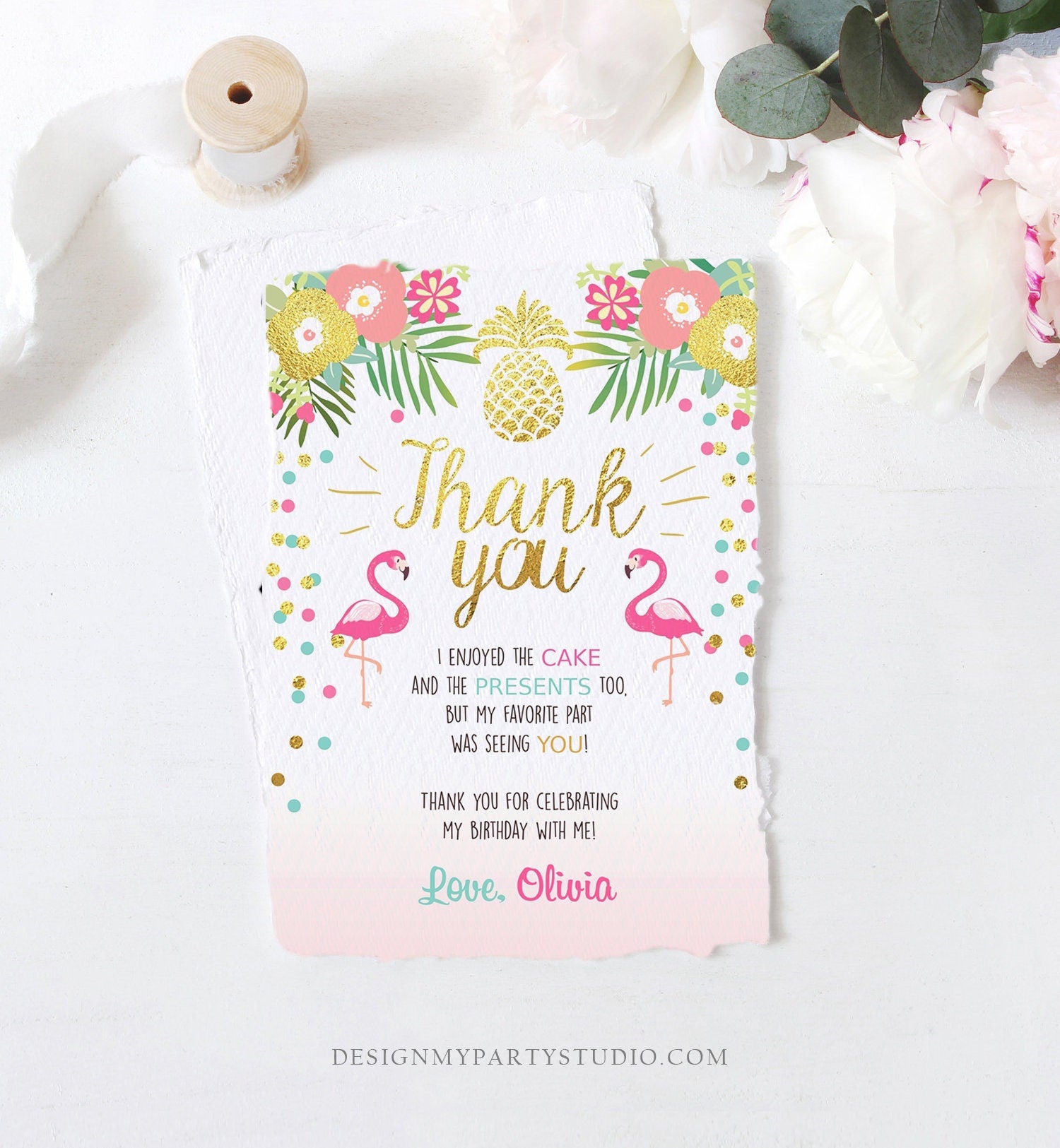 Editable Tropical Aloha Thank You Card Flamingo Birthday Luau Party Leaves Pink Gold Confetti Digital Download Corjl Template Printable 0200