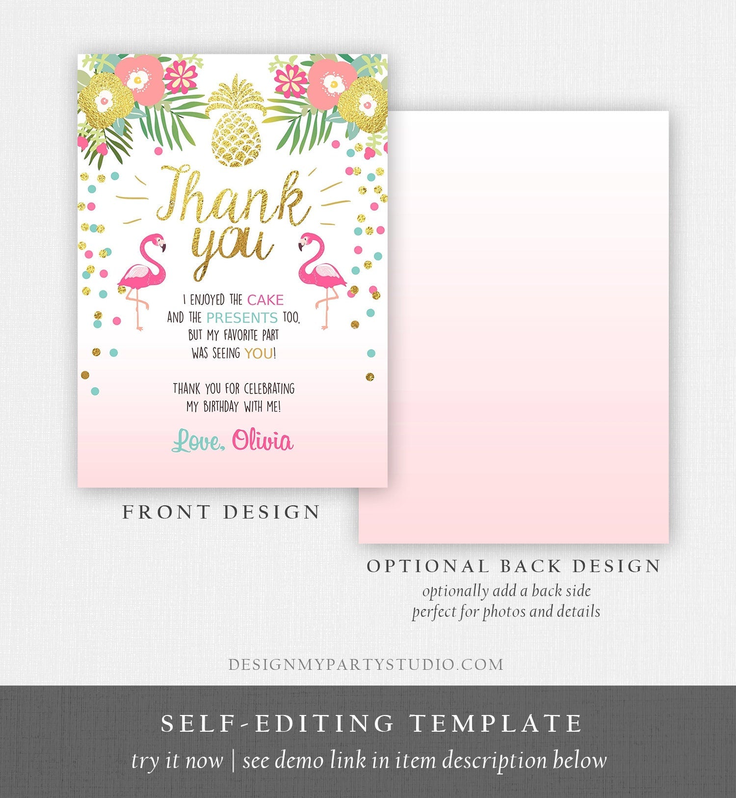 Editable Tropical Aloha Thank You Card Flamingo Birthday Luau Party Leaves Pink Gold Confetti Digital Download Corjl Template Printable 0200