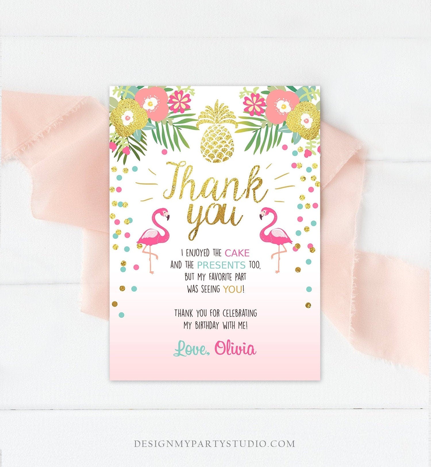 Editable Tropical Aloha Thank You Card Flamingo Birthday Luau Party Leaves Pink Gold Confetti Digital Download Corjl Template Printable 0200