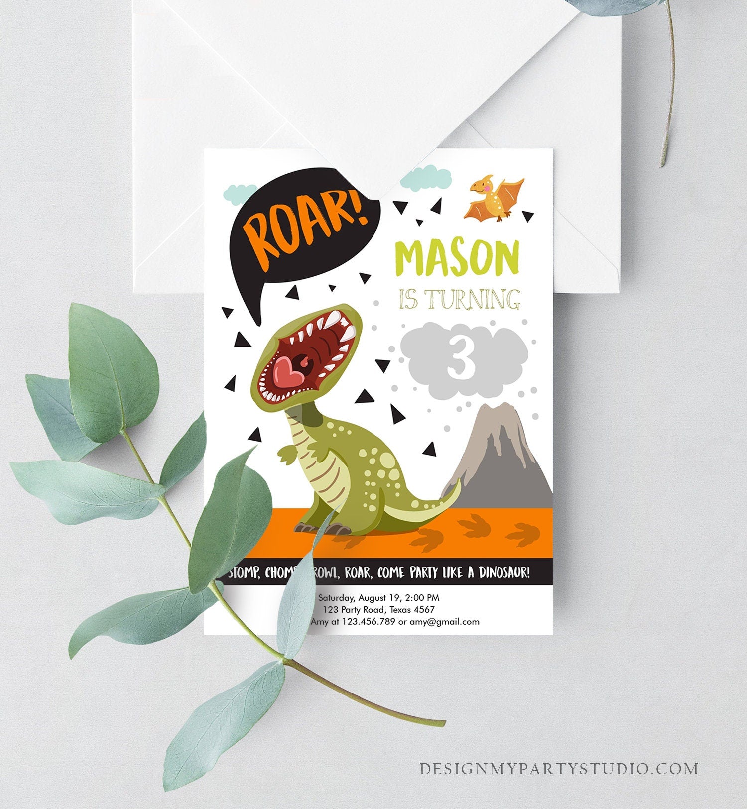 Editable Dinosaur Birthday Invitation Boy T-Rex Dino Party Stomp Chomp Growl Roar Party Like a Dinosaur Prehistoric Corjl Template 0301