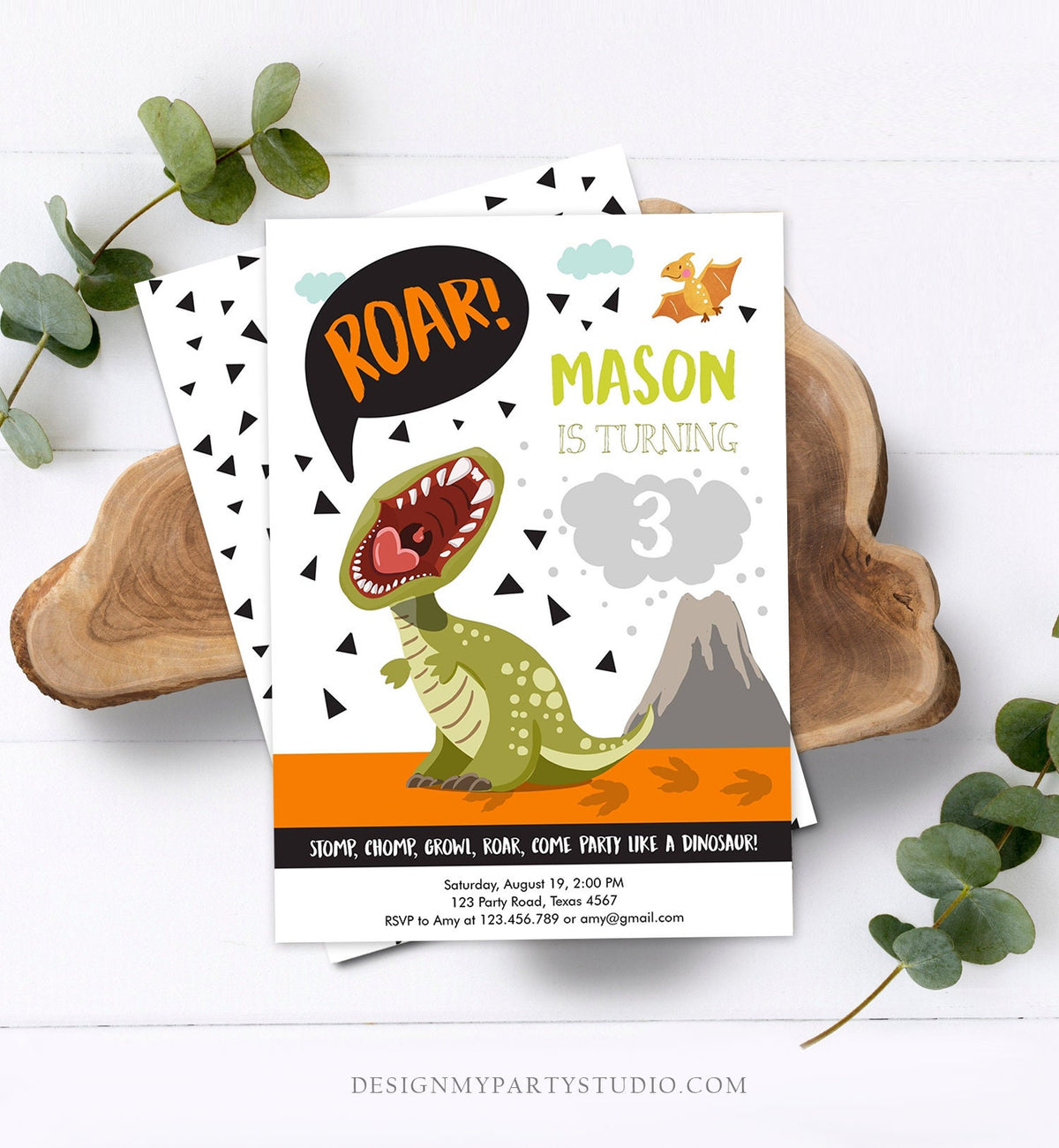 Editable Dinosaur Birthday Invitation Boy T-Rex Dino Party Stomp Chomp Growl Roar Party Like a Dinosaur Prehistoric Corjl Template 0301