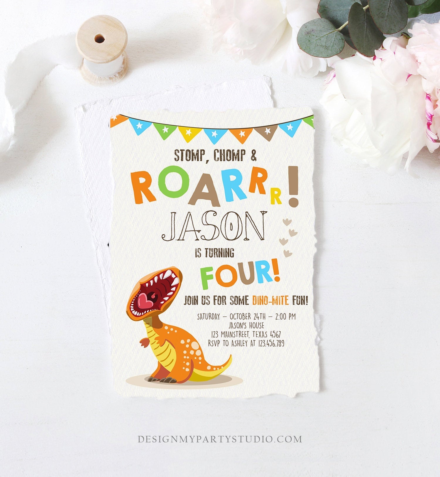 Editable Dinosaur Birthday Invitation Boy T-Rex Dino Party Stomp Chomp Growl Roar Party Like a Dinosaur Prehistoric Corjl Template 0301