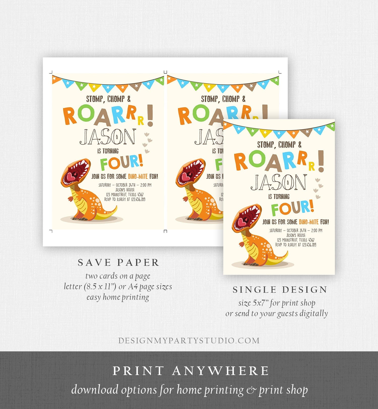 Editable Dinosaur Birthday Invitation Boy T-Rex Dino Party Stomp Chomp Growl Roar Party Like a Dinosaur Prehistoric Corjl Template 0301