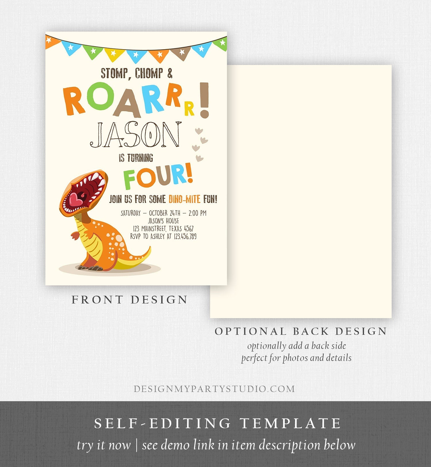 Editable Dinosaur Birthday Invitation Boy T-Rex Dino Party Stomp Chomp Growl Roar Party Like a Dinosaur Prehistoric Corjl Template 0301