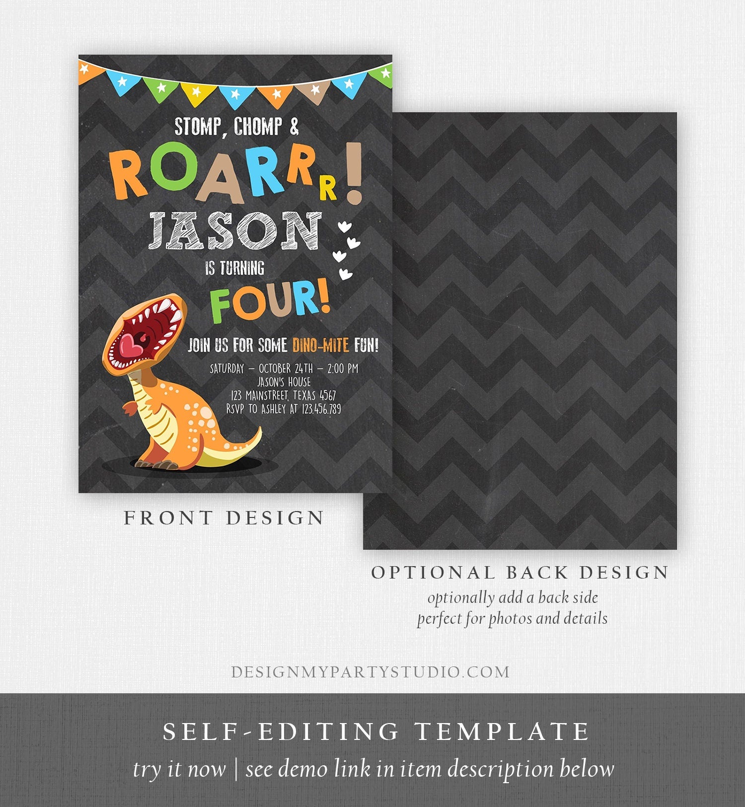 Editable Dinosaur Birthday Invitation Boy T-Rex Dino Party Stomp Chomp Growl Roar Party Like a Dinosaur Prehistoric Corjl Template 0301