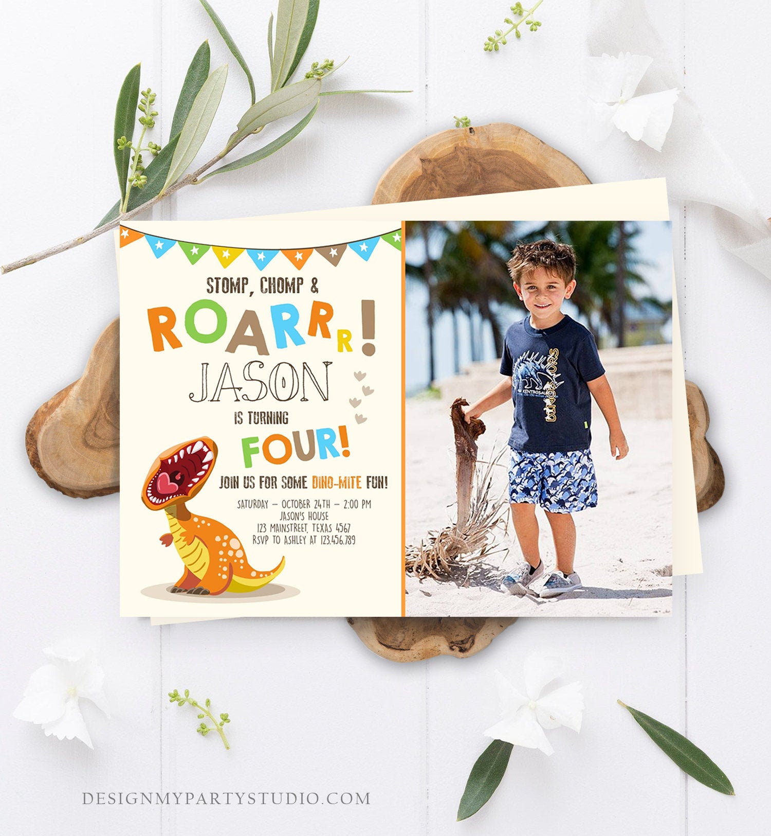 Editable Dinosaur Birthday Invitation Boy T-Rex Dino Party Stomp Chomp Growl Roar Party Like a Dinosaur Prehistoric Corjl Template 0301