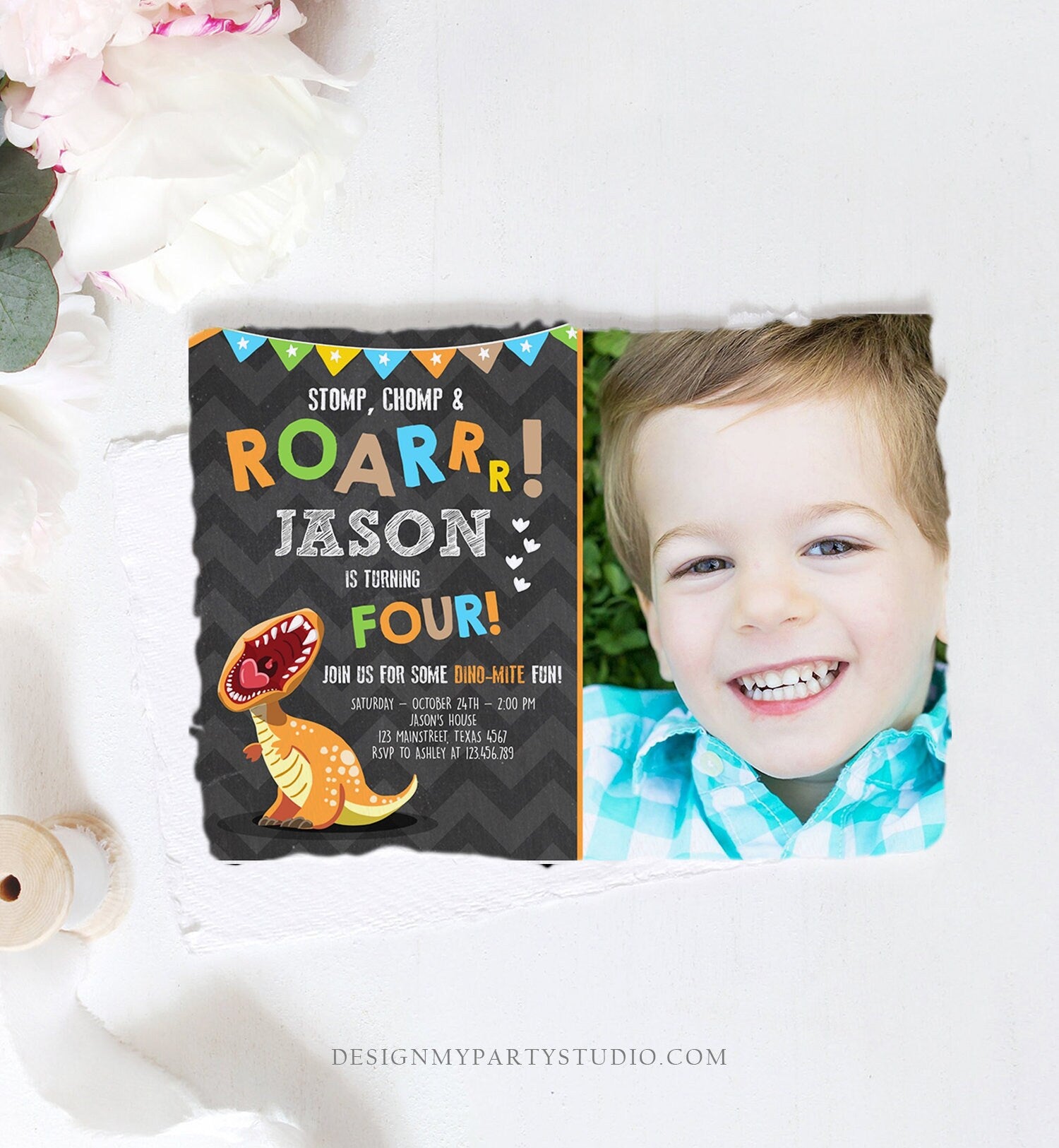 Editable Dinosaur Birthday Invitation Boy T-Rex Dino Party Stomp Chomp Growl Roar Party Like a Dinosaur Prehistoric Corjl Template 0301