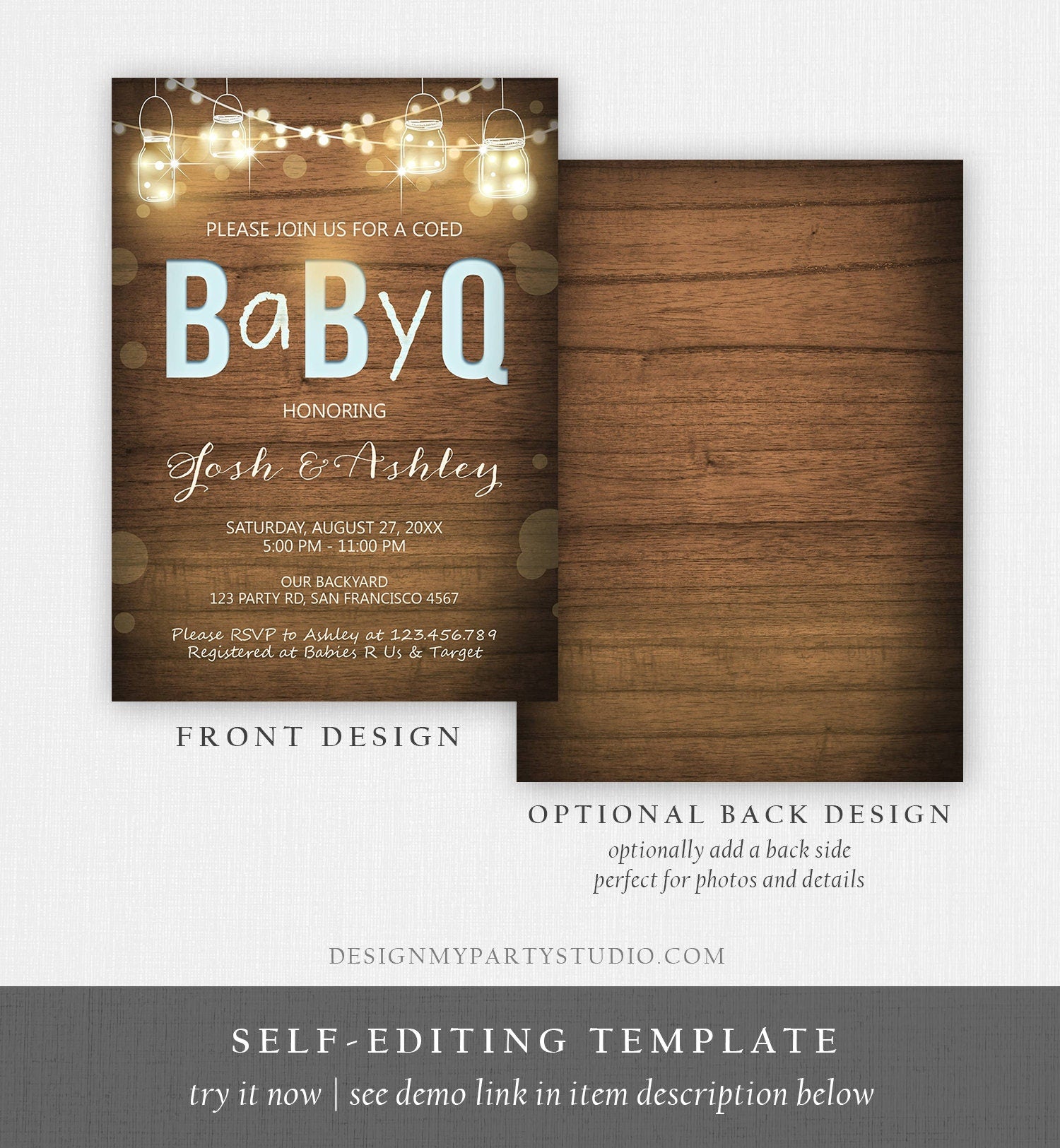 Editable BabyQ Invitation Coed BBQ Baby Shower Rustic Wood Lights Jars Blue Boy Fall Instant Download Printable Template Digital Corjl 0015