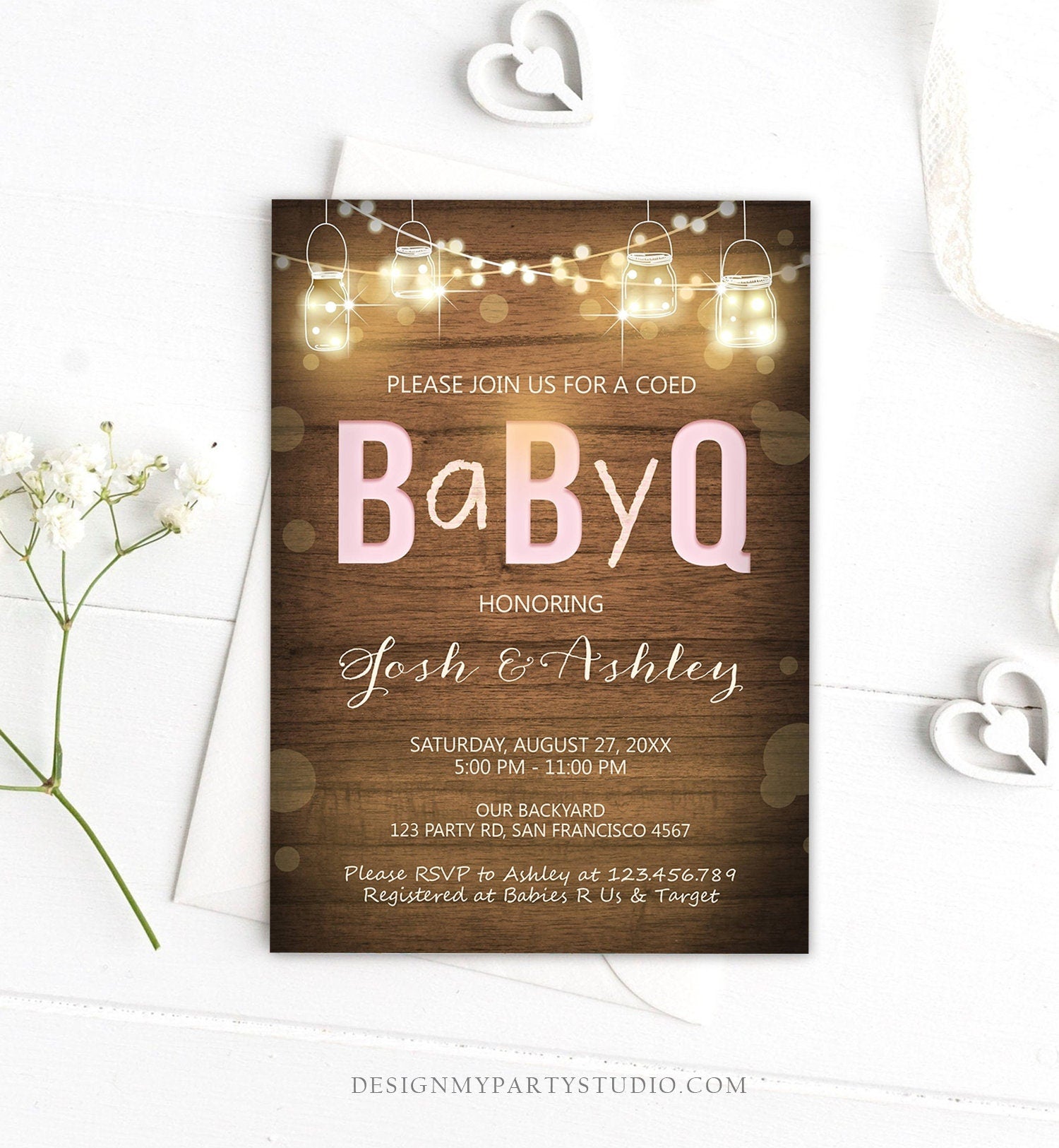 Editable BabyQ Invitation Coed BBQ Baby Shower Rustic Wood Lights Jars Pink Girl Instant Download Printable Template Digital Corjl 0015