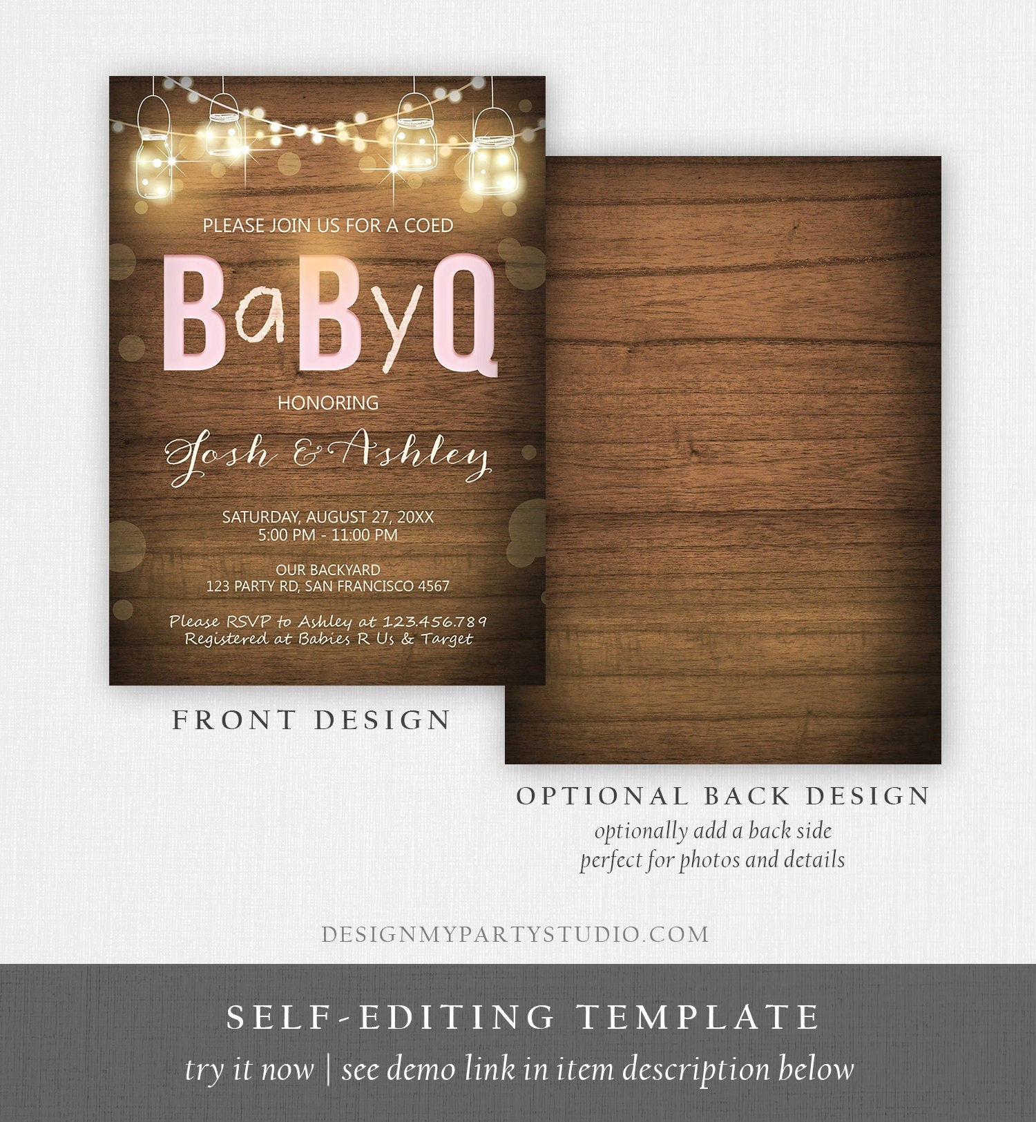 Editable BabyQ Invitation Coed BBQ Baby Shower Rustic Wood Lights Jars Pink Girl Instant Download Printable Template Digital Corjl 0015