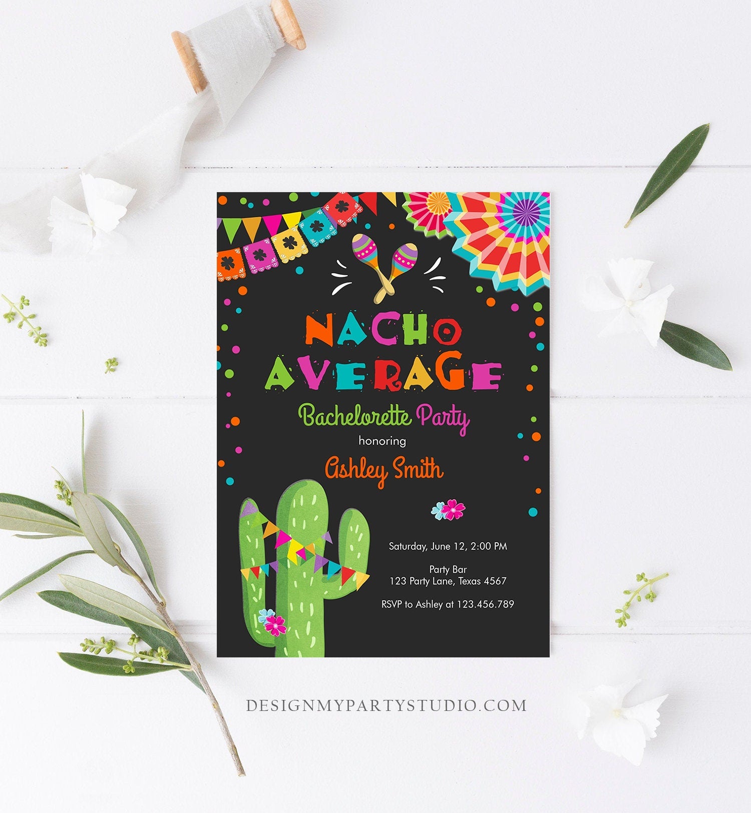 Editable Nacho Average Bachelorette Party Invitation Cactus Pink Let's Fiesta Mexican Bridal Shower Download Digital Corjl Template 0045