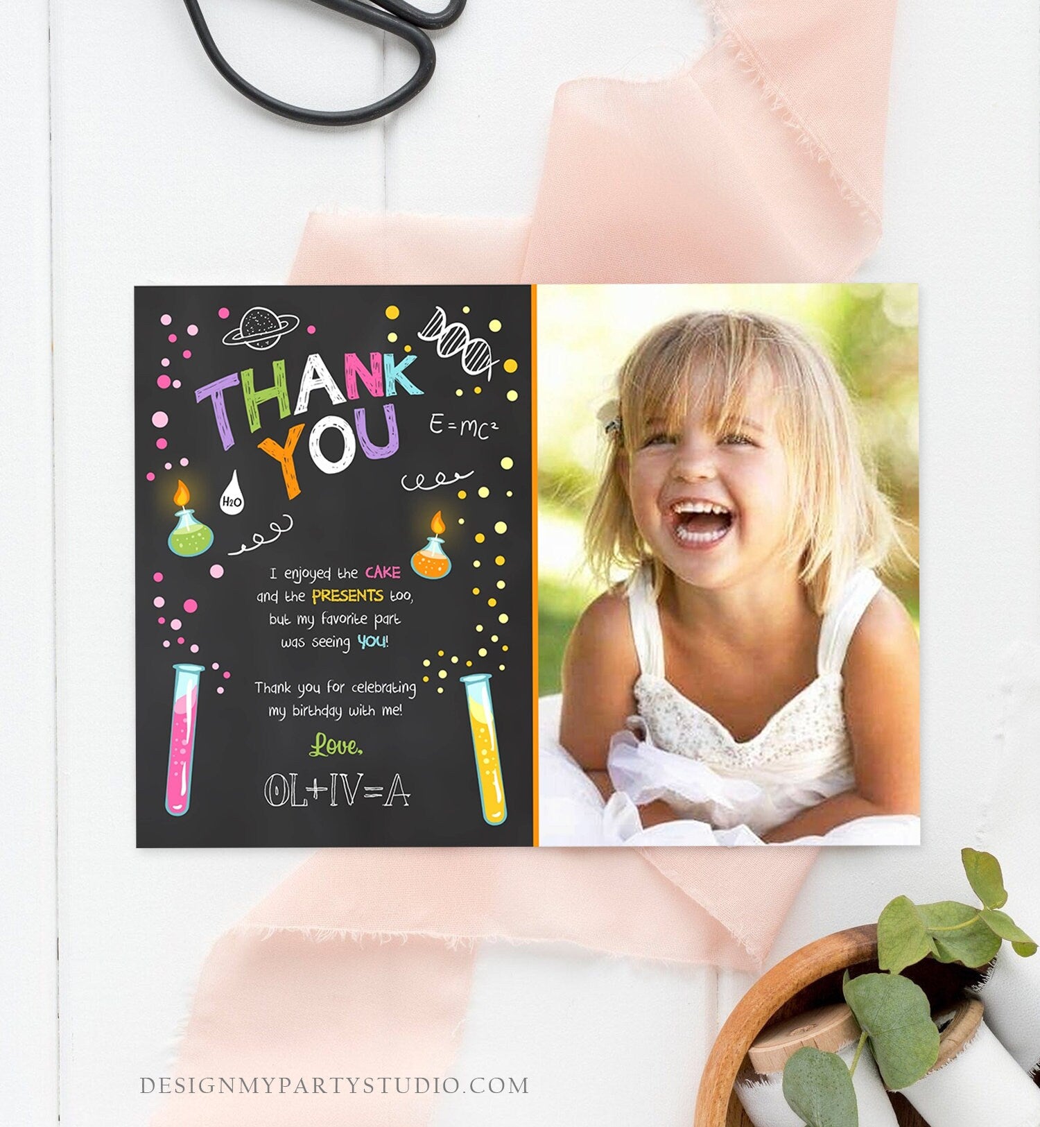 Editable Science Experiment Thank You Card Birthday Girl Party Mad Scientist Lab Slime Party Professor Digital Corjl Template Printable 0094