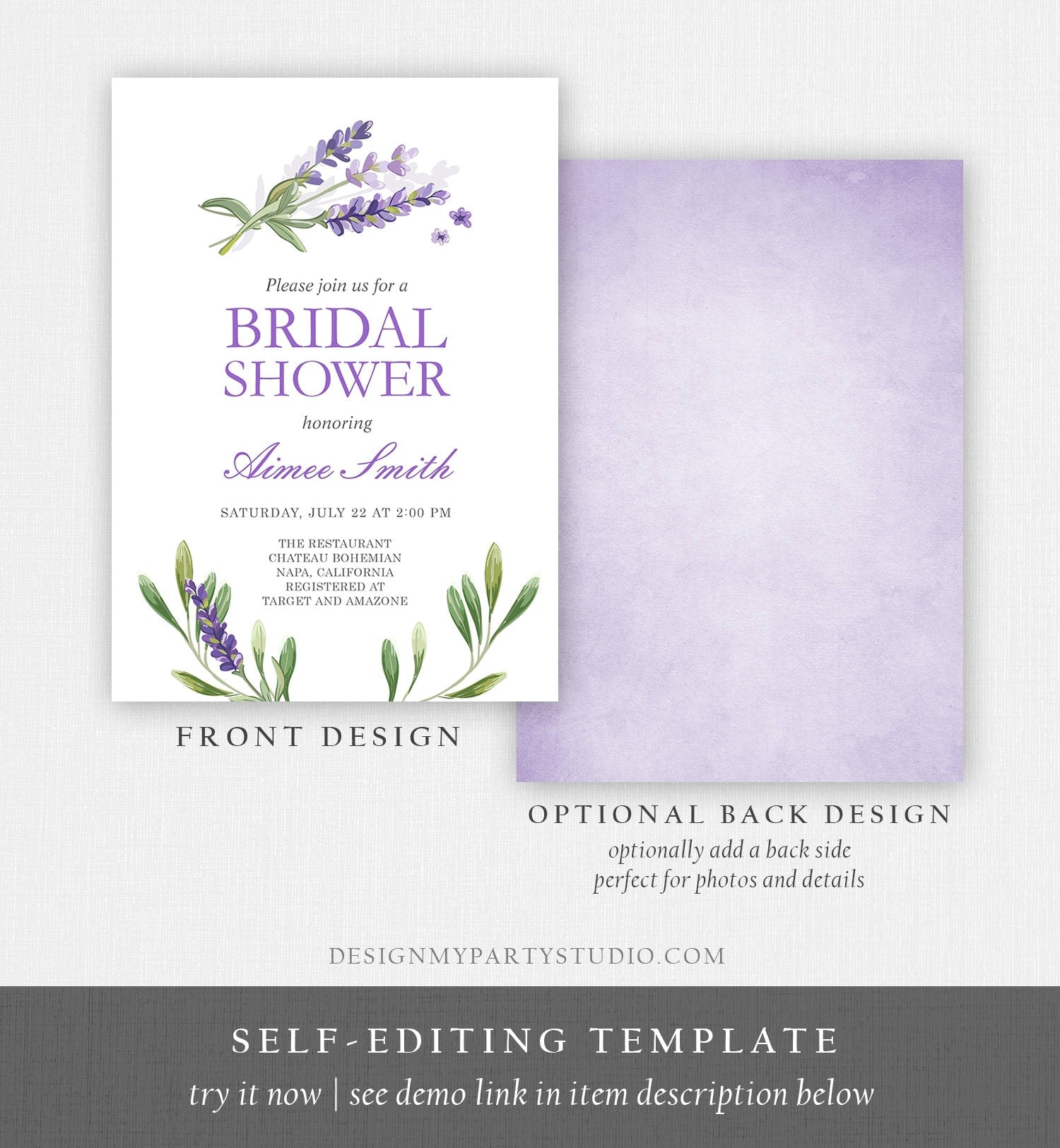 Editable Lavender Bridal Shower Invitation Greenery Foliage Boho Wedding Lilac Blush Lavender Purple Digital Corjl Template Printable 0206