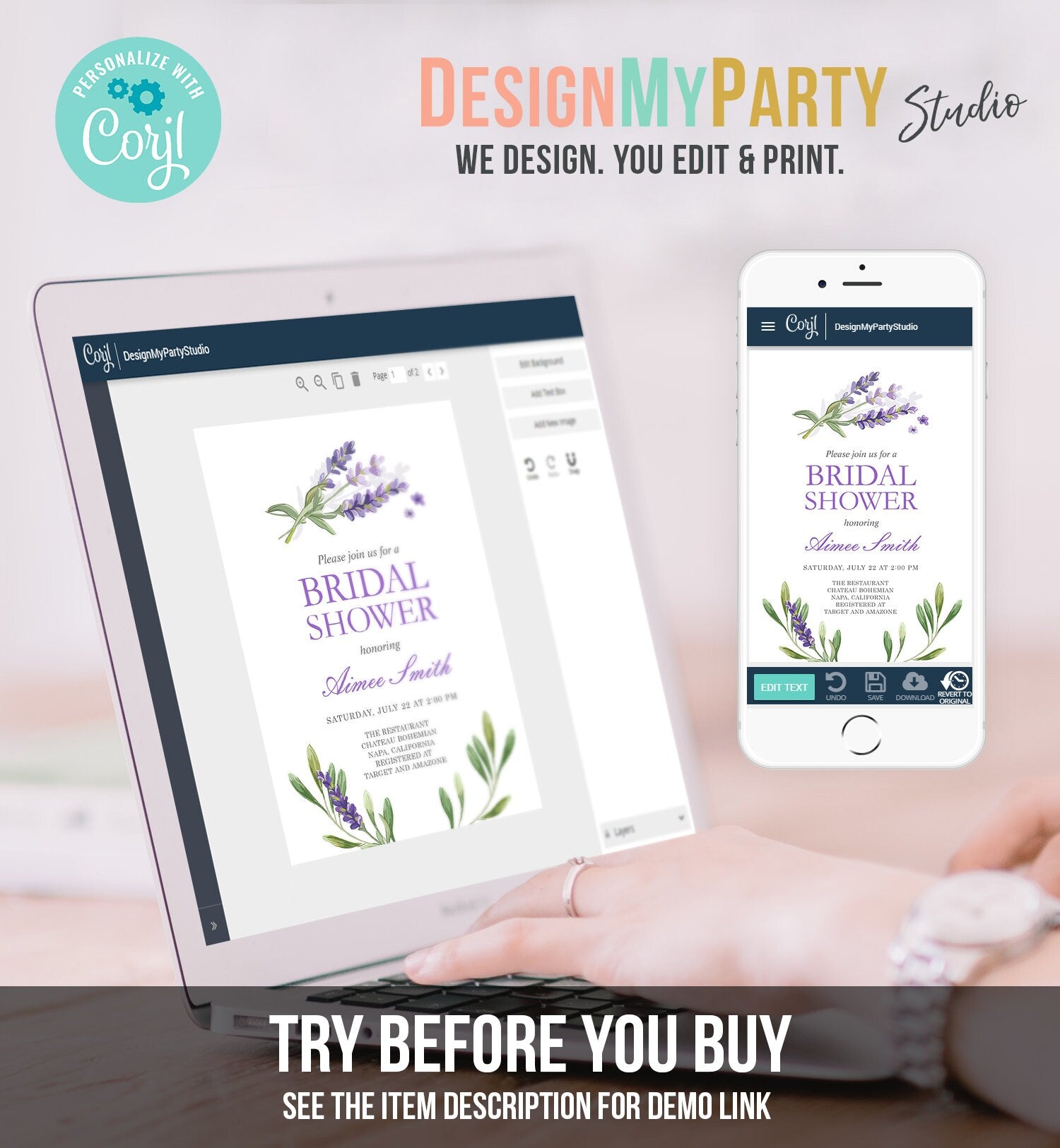 Editable Lavender Bridal Shower Invitation Greenery Foliage Boho Wedding Lilac Blush Lavender Purple Digital Corjl Template Printable 0206