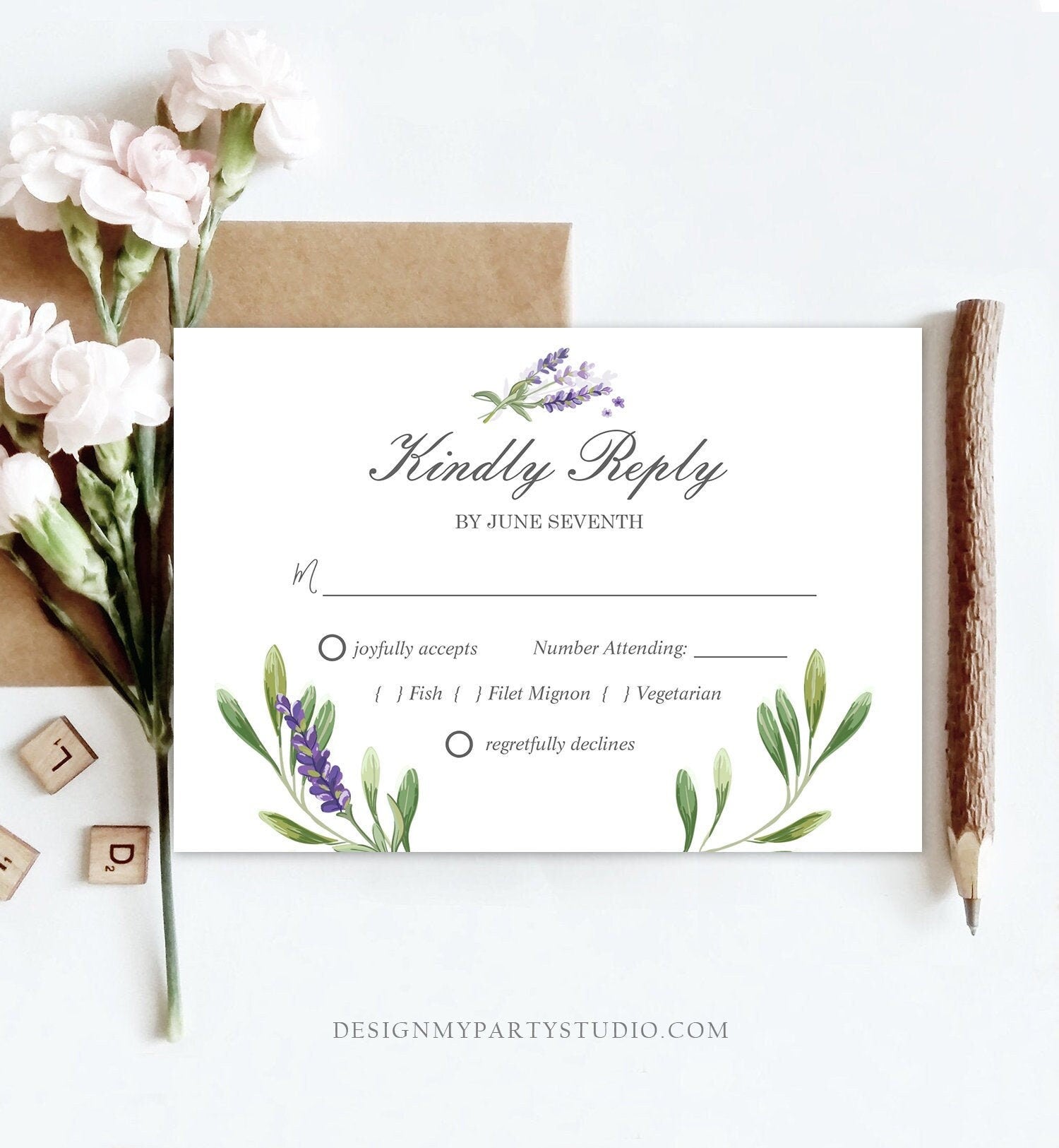 Editable Lavender RSVP Card Wedding Kindly Reply Response Card Greenery Foliage Boho Lilac Blush Purple Corjl Template Printable 0206