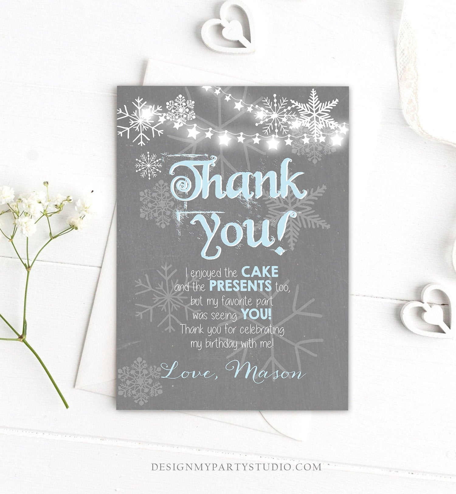 Editable Winter Onederland Thank You Card First Birthday Winter Thank You Note Blue Grey Boy Snowflake 1st Corjl Template Printable 0027