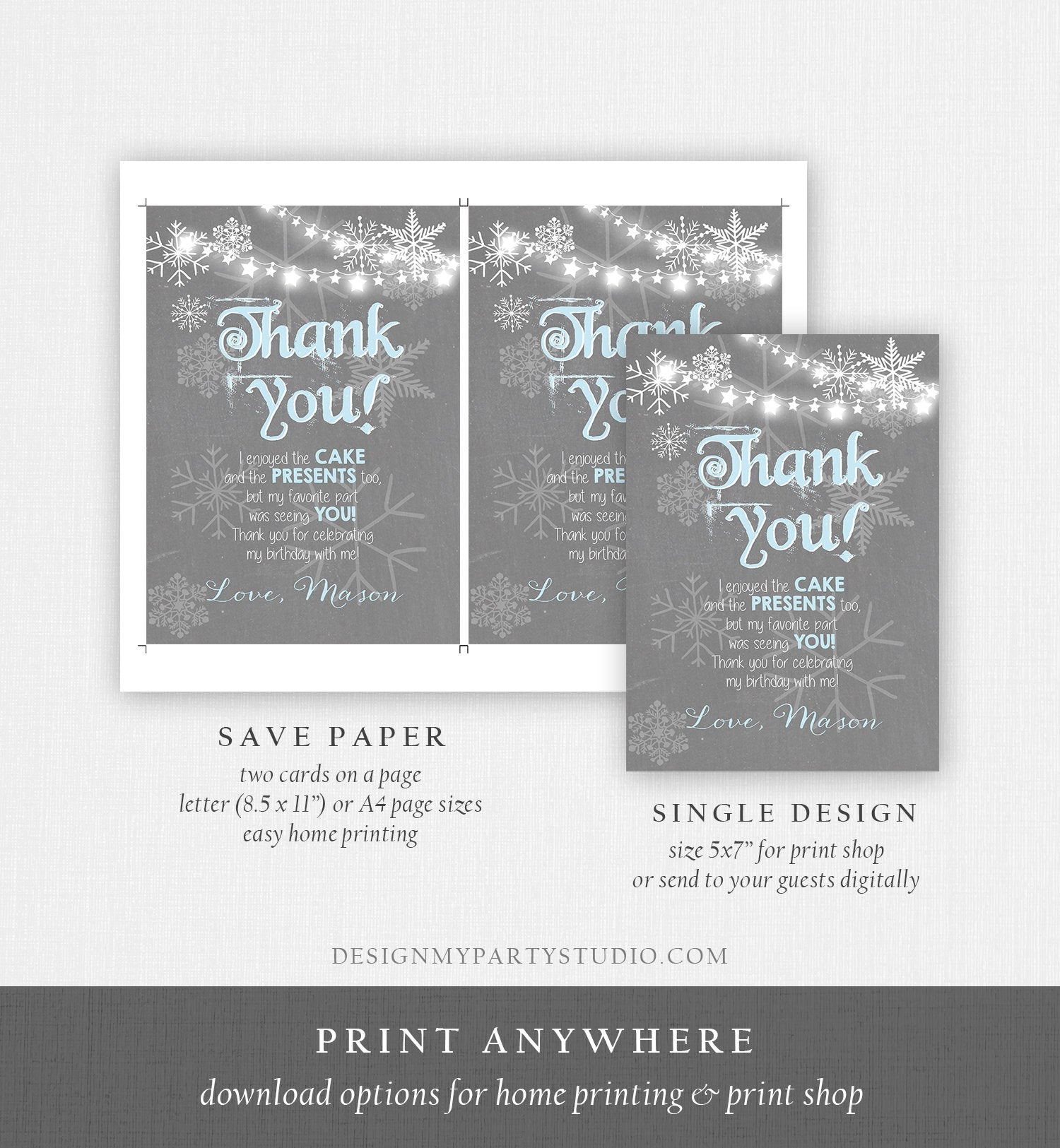 Editable Winter Onederland Thank You Card First Birthday Winter Thank You Note Blue Grey Boy Snowflake 1st Corjl Template Printable 0027