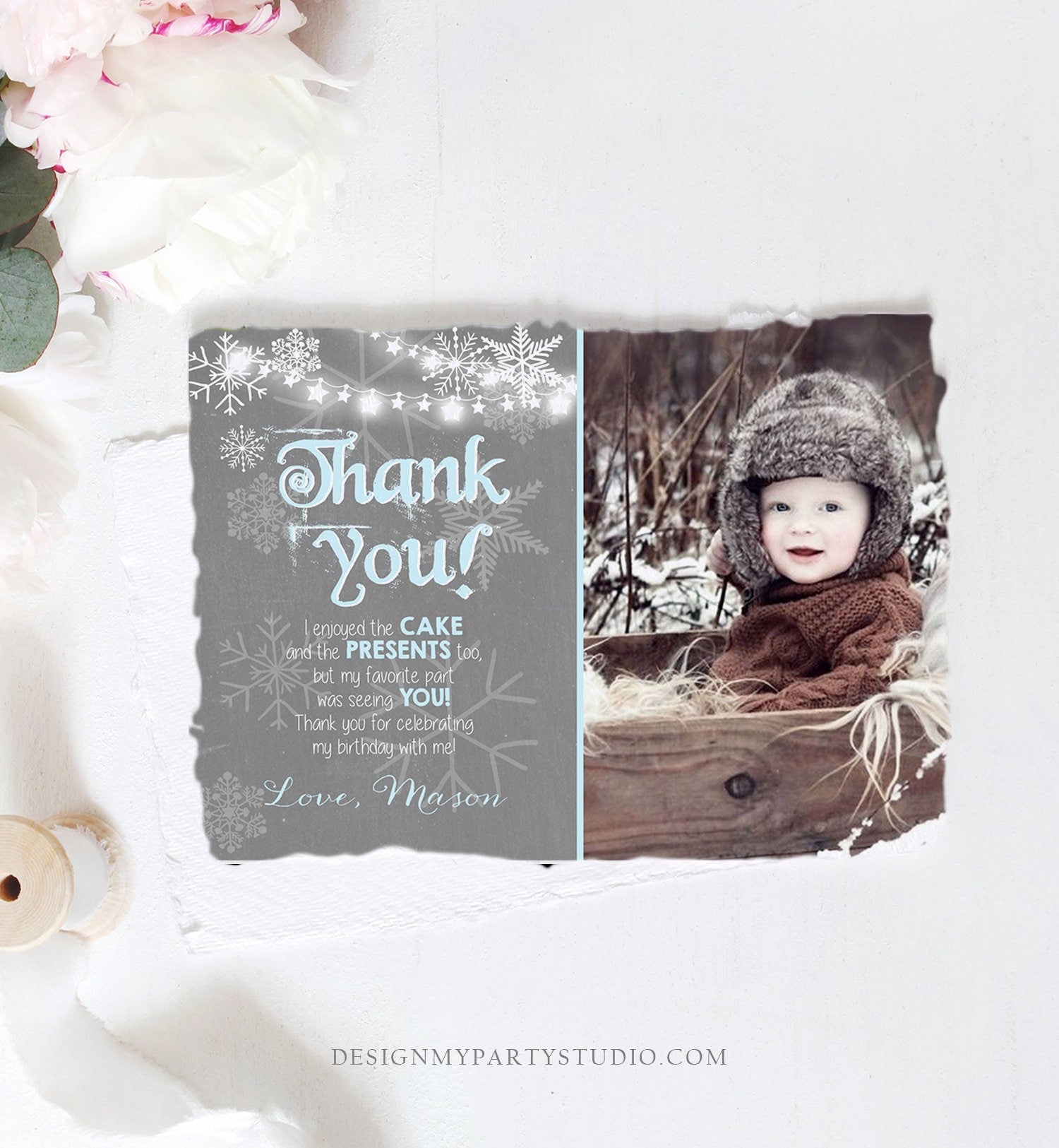 Editable Winter Onederland Thank You Card First Birthday Winter Thank You Note Blue Grey Boy Snowflake 1st Corjl Template Printable 0027