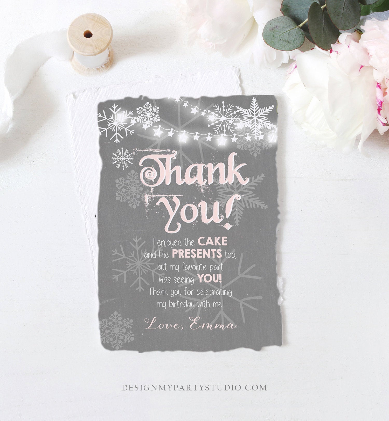 Editable Winter Onederland Thank You Card First Birthday Winter Thank You Note Pink Grey Girl Snowflake 1st Corjl Template Printable 0027