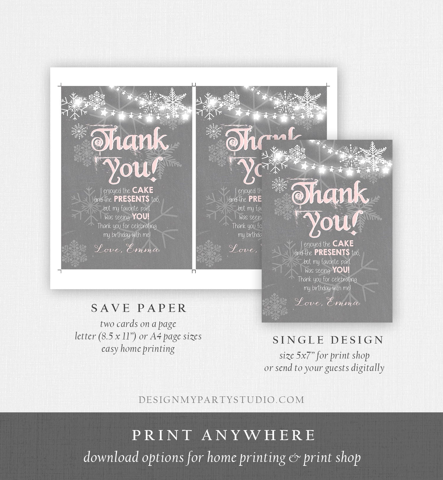 Editable Winter Onederland Thank You Card First Birthday Winter Thank You Note Pink Grey Girl Snowflake 1st Corjl Template Printable 0027