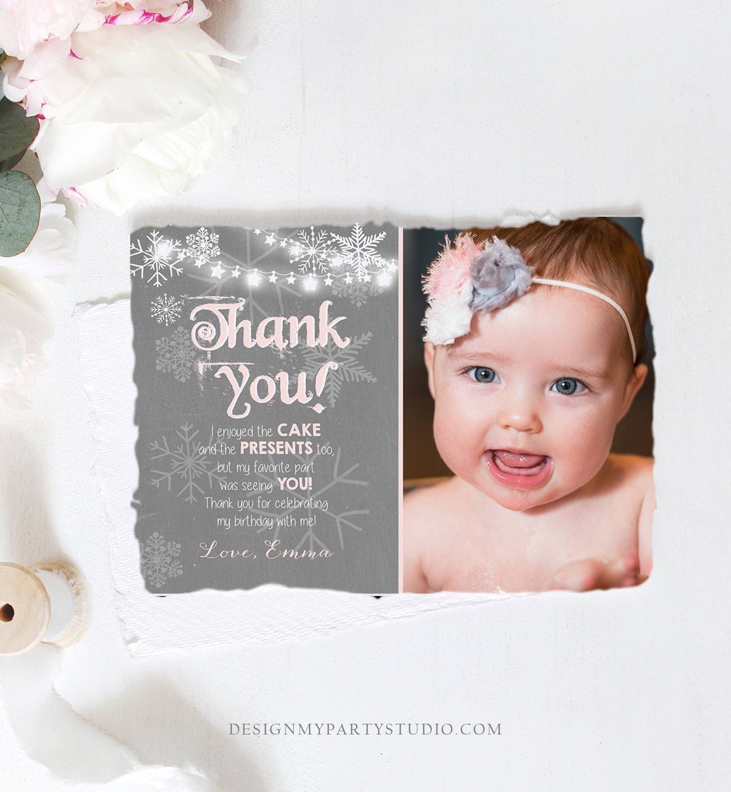 Editable Winter Onederland Thank You Card First Birthday Winter Thank You Note Pink Grey Girl Snowflake 1st Corjl Template Printable 0027