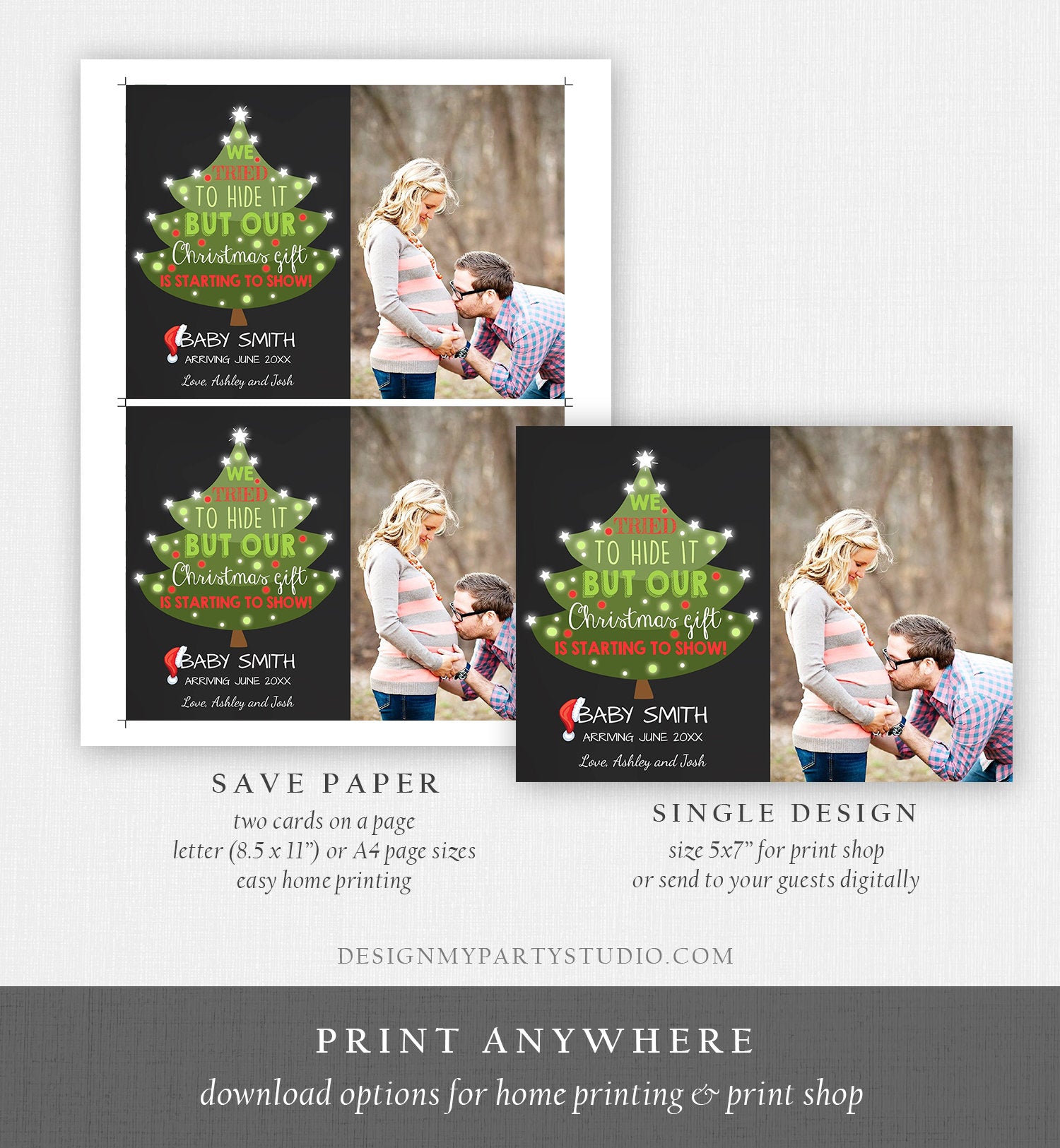 Editable Christmas Pregnancy Announcement Merry Christmas Pregnancy Reveal Tree Grandparents Download Printable Card Template Corjl