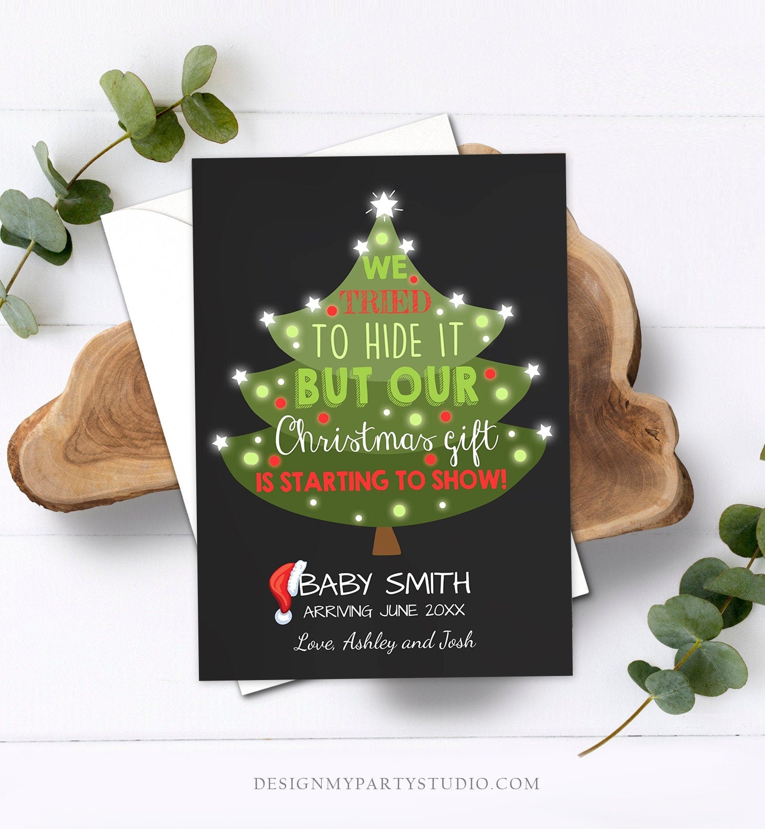 Editable Christmas Pregnancy Announcement Merry Christmas Pregnancy Reveal Tree Grandparents Download Printable Card Template Corjl