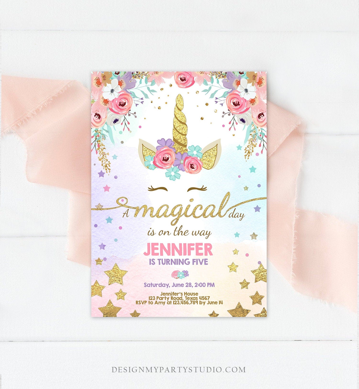 Editable Magical Unicorn Birthday Invitation Magical Day Rainbow Pastel Pink Girl Gold Stars Floral Download Corjl Template Printable 0041