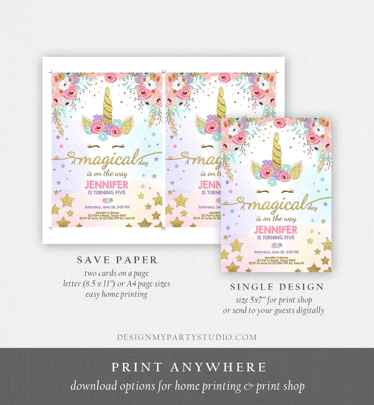 Editable Magical Unicorn Birthday Invitation Magical Day Rainbow Pastel Pink Girl Gold Stars Floral Download Corjl Template Printable 0041