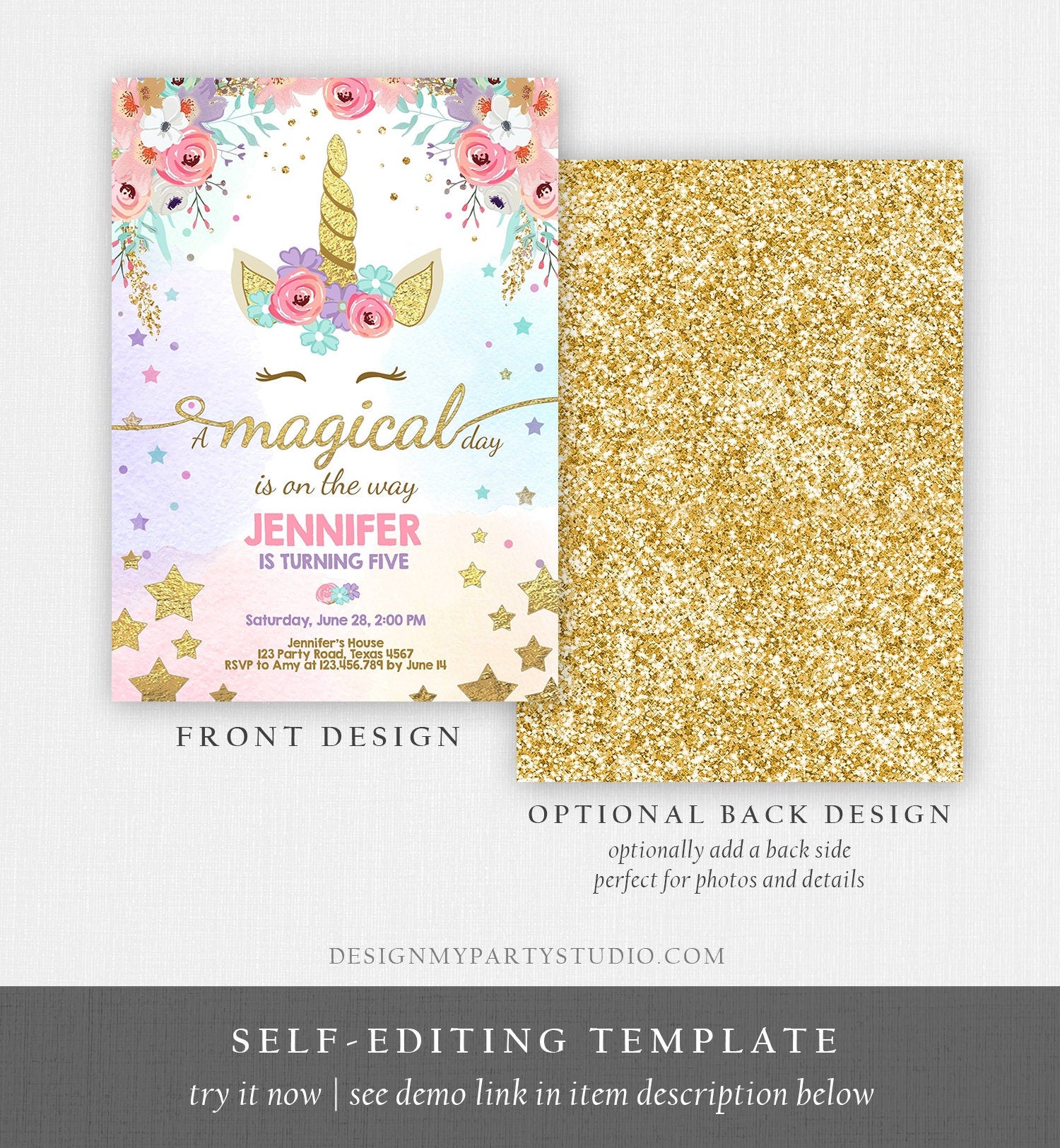 Editable Magical Unicorn Birthday Invitation Magical Day Rainbow Pastel Pink Girl Gold Stars Floral Download Corjl Template Printable 0041