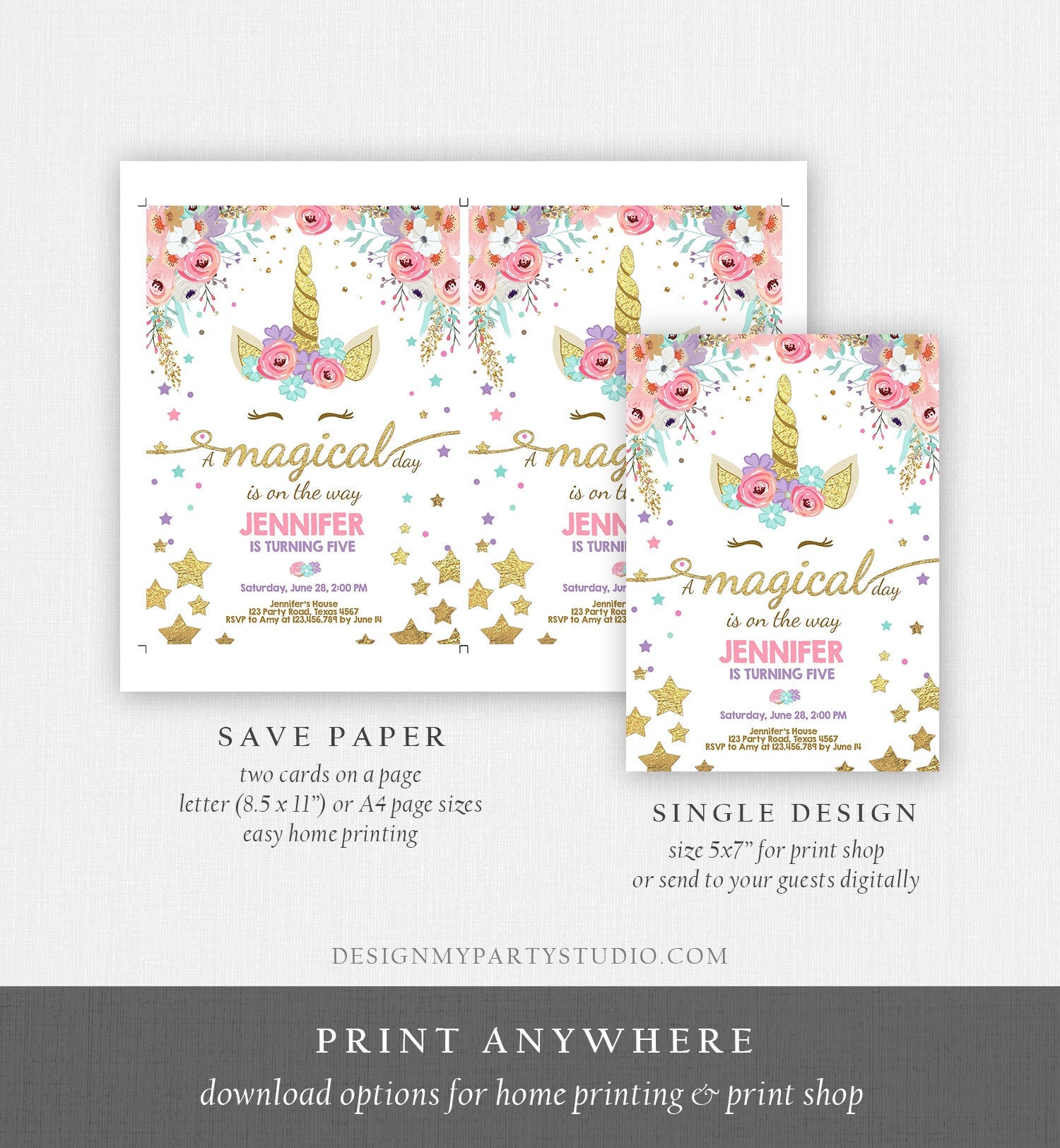 Editable Magical Unicorn Birthday Invitation Magical Day Rainbow Pastel Pink Girl Gold Stars Floral Download Corjl Template Printable 0041