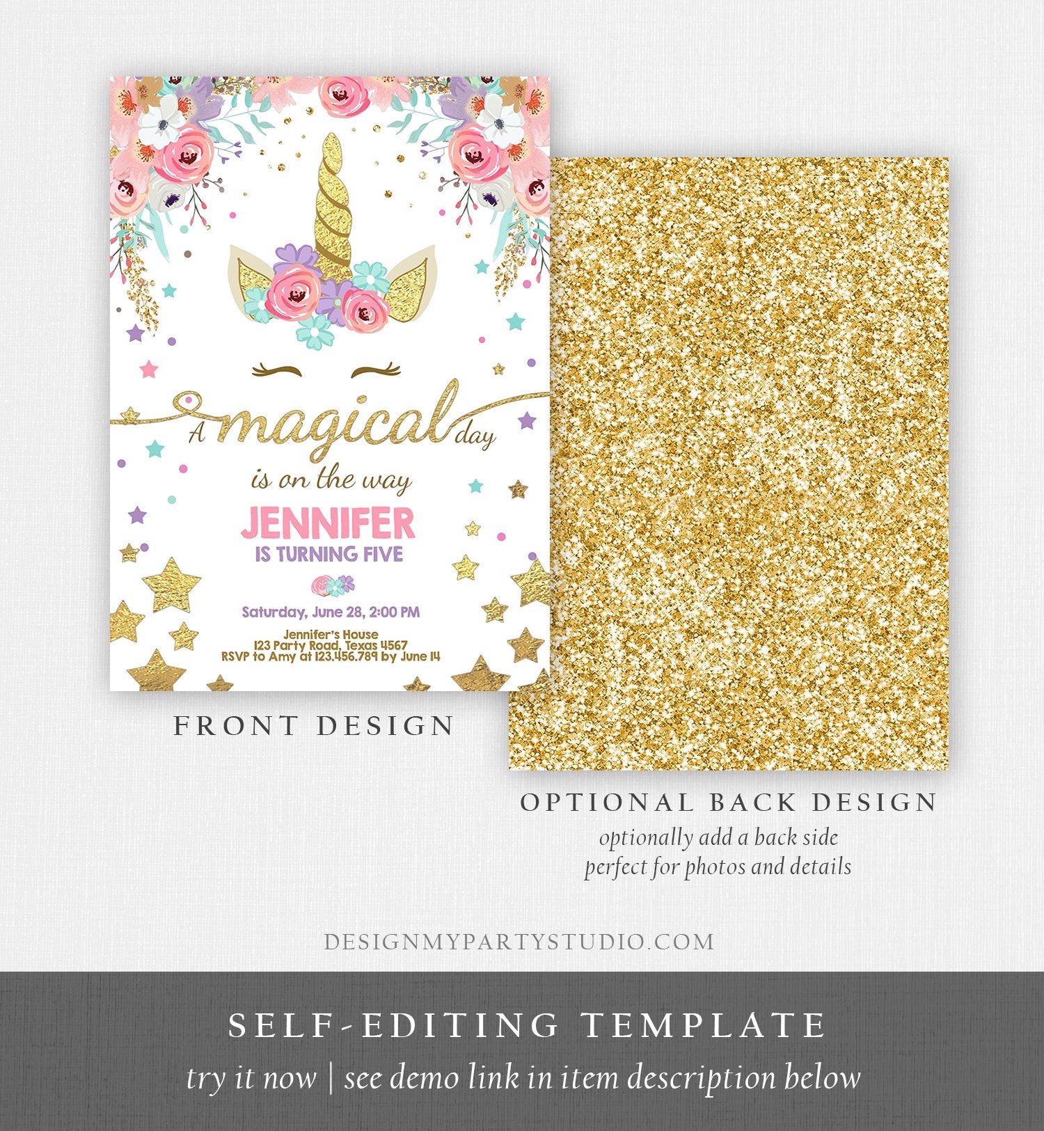 Editable Magical Unicorn Birthday Invitation Magical Day Rainbow Pastel Pink Girl Gold Stars Floral Download Corjl Template Printable 0041